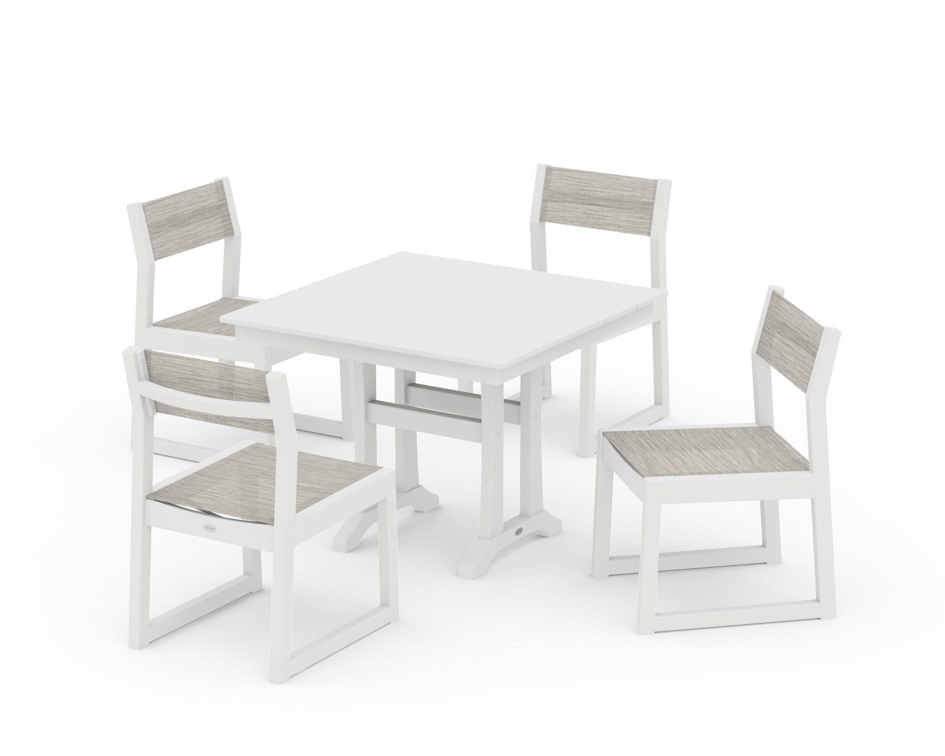 POLYWOOD EDGE Sling 5-Piece Farmhouse Trestle Side Chair Dining Set — White / Birch Sling