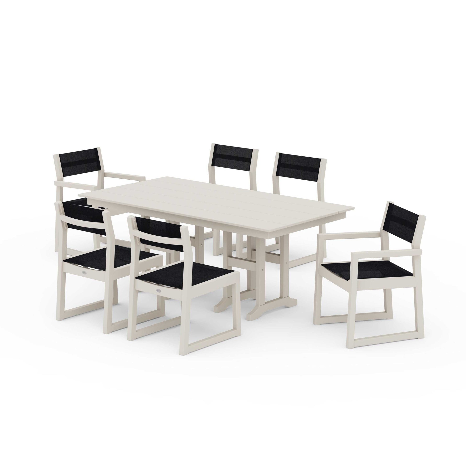 POLYWOOD EDGE Sling 7-Piece Farmhouse Dining Set — Sand / Black Sling