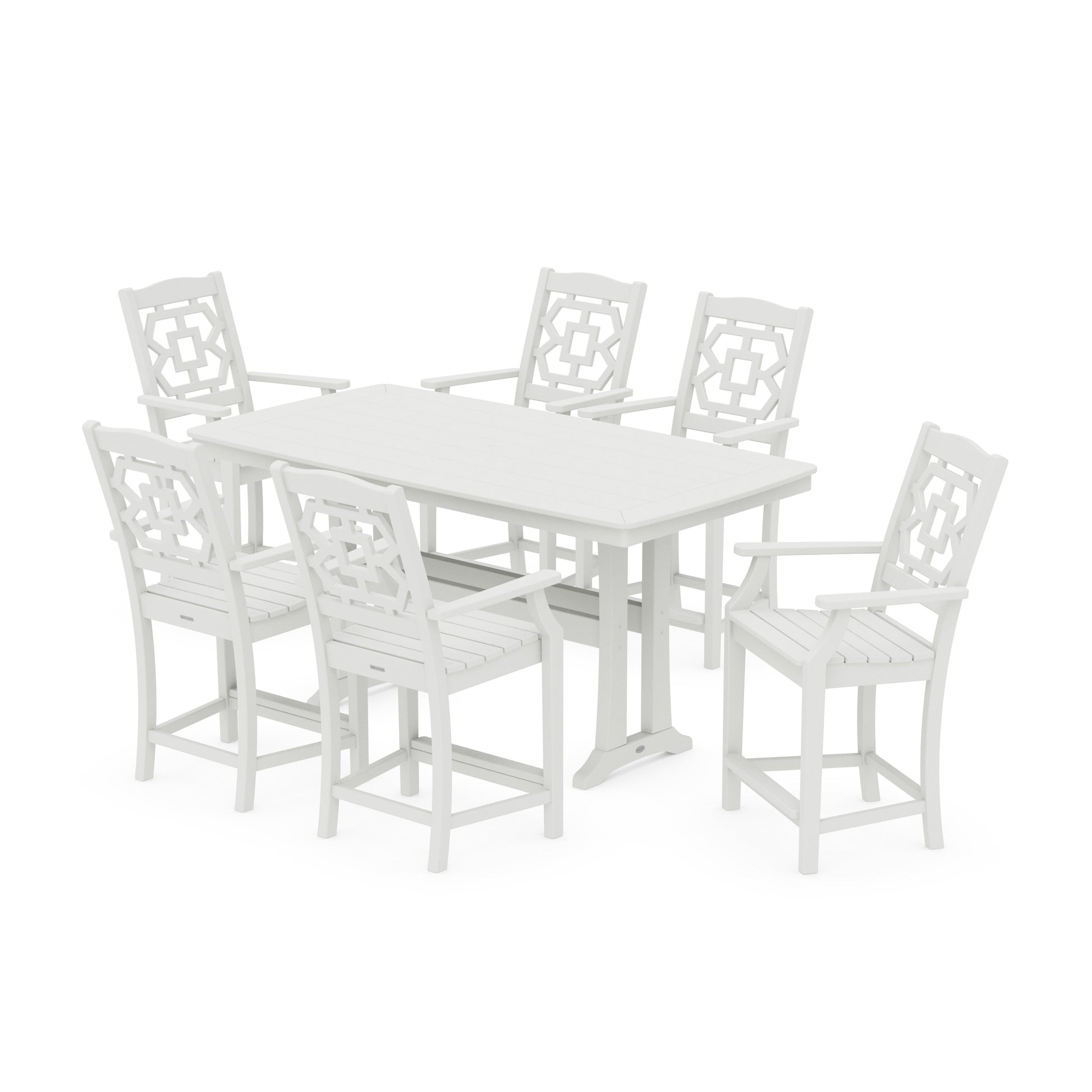 POLYWOOD Chinoiserie Arm Chair 7-Piece Counter Set with Trestle Legs — Vintage White