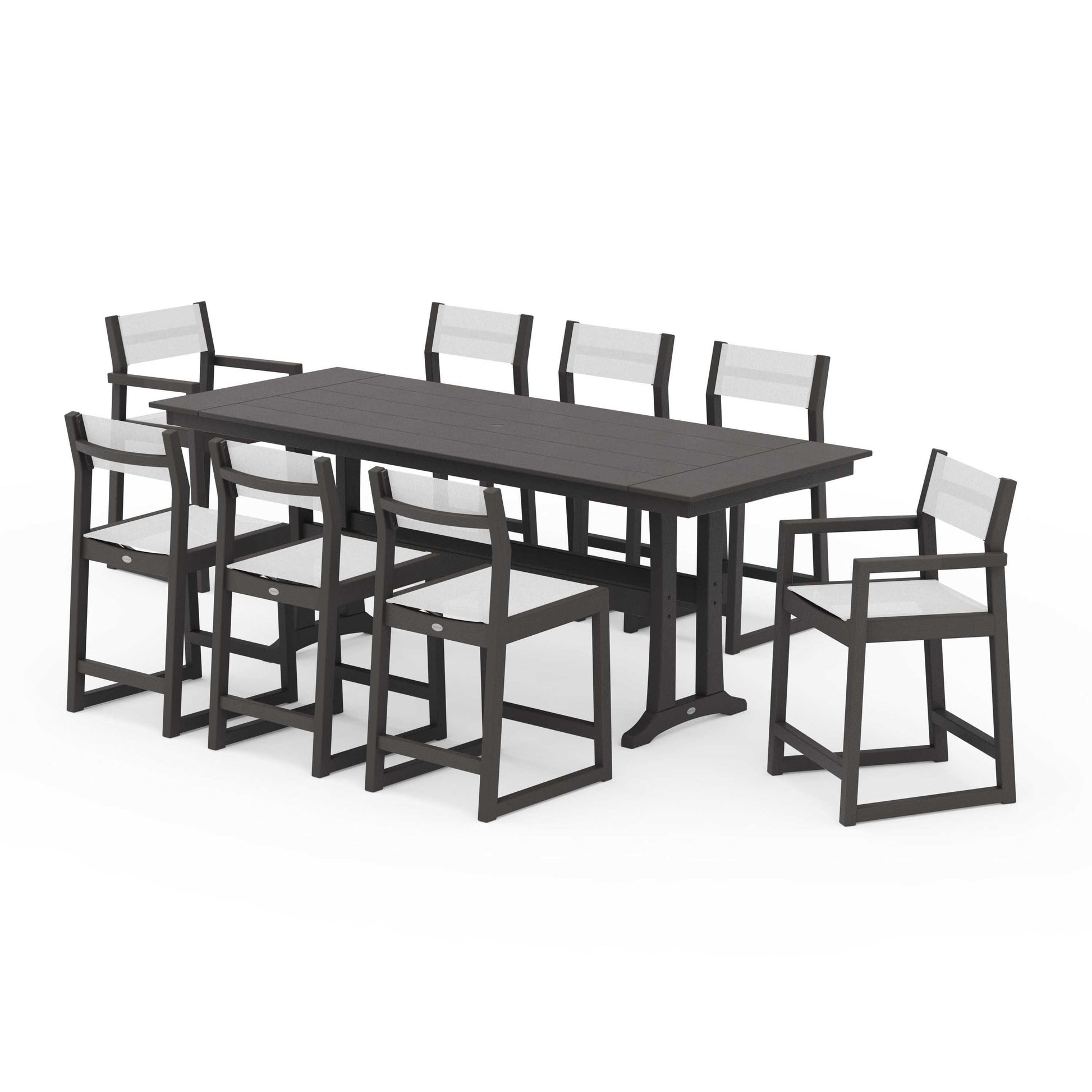 POLYWOOD EDGE Sling 9-Piece Farmhouse Counter Set with Trestle Legs — Vintage Coffee / White Sling