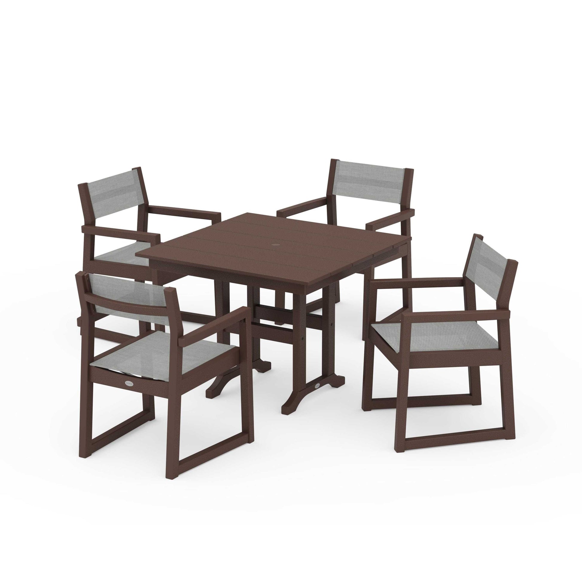 POLYWOOD EDGE Sling Arm Chair 5-Piece Farmhouse Dining Set — Mahogany / Metallic Sling