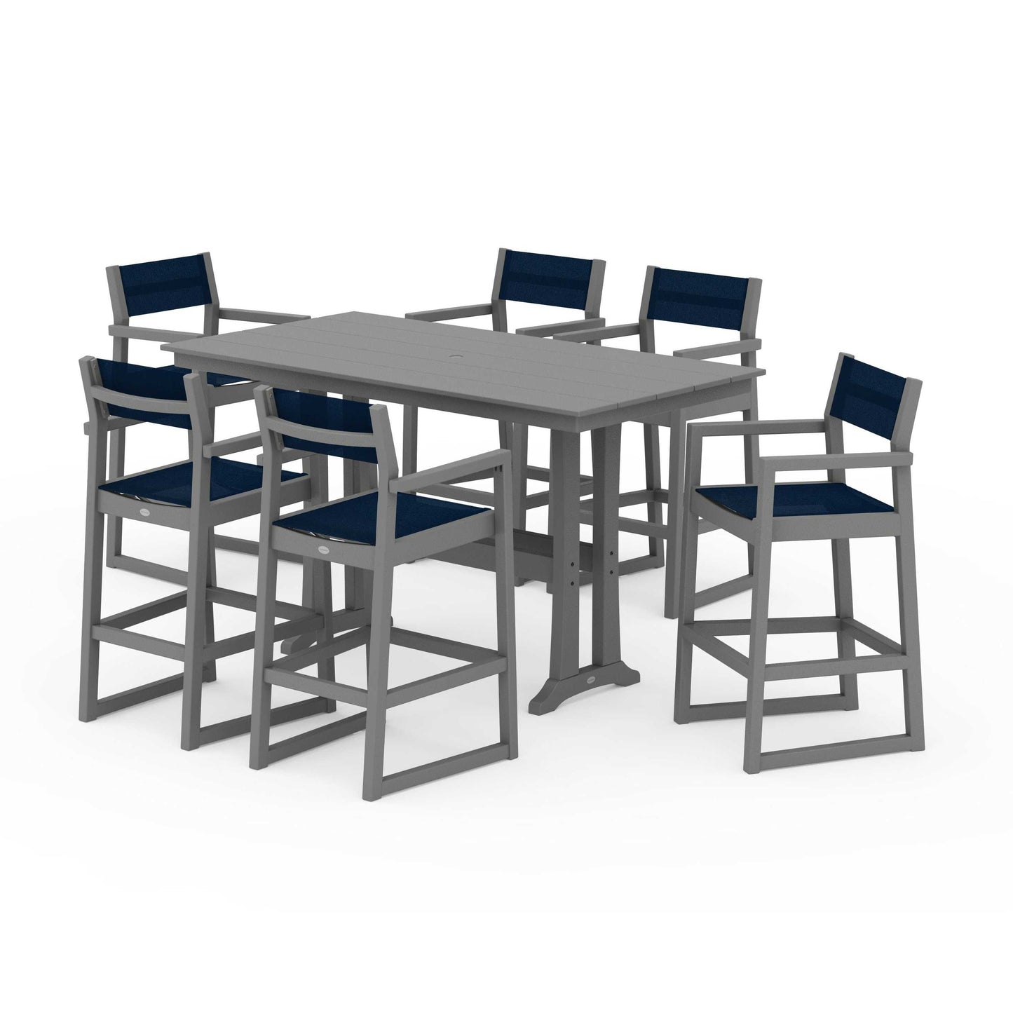 POLYWOOD EDGE Sling Arm Chair 7-Piece Farmhouse Bar Set with Trestle Legs — Slate Grey / Navy Blue Sling