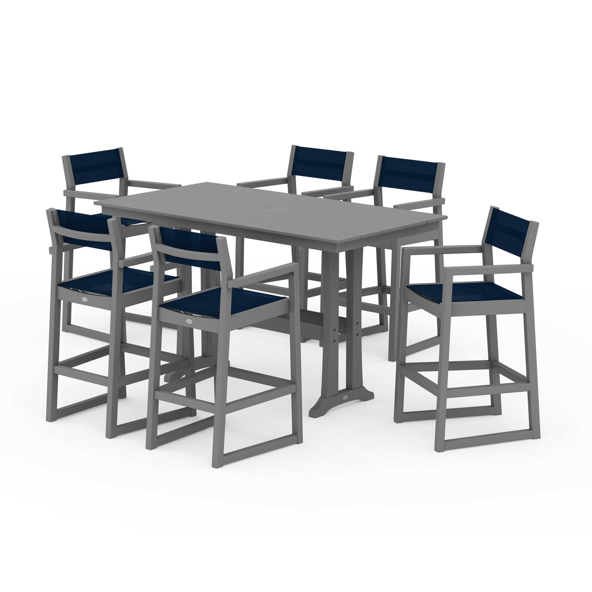 POLYWOOD EDGE Sling Arm Chair 7-Piece Farmhouse Bar Set with Trestle Legs — Slate Grey / Navy Blue Sling