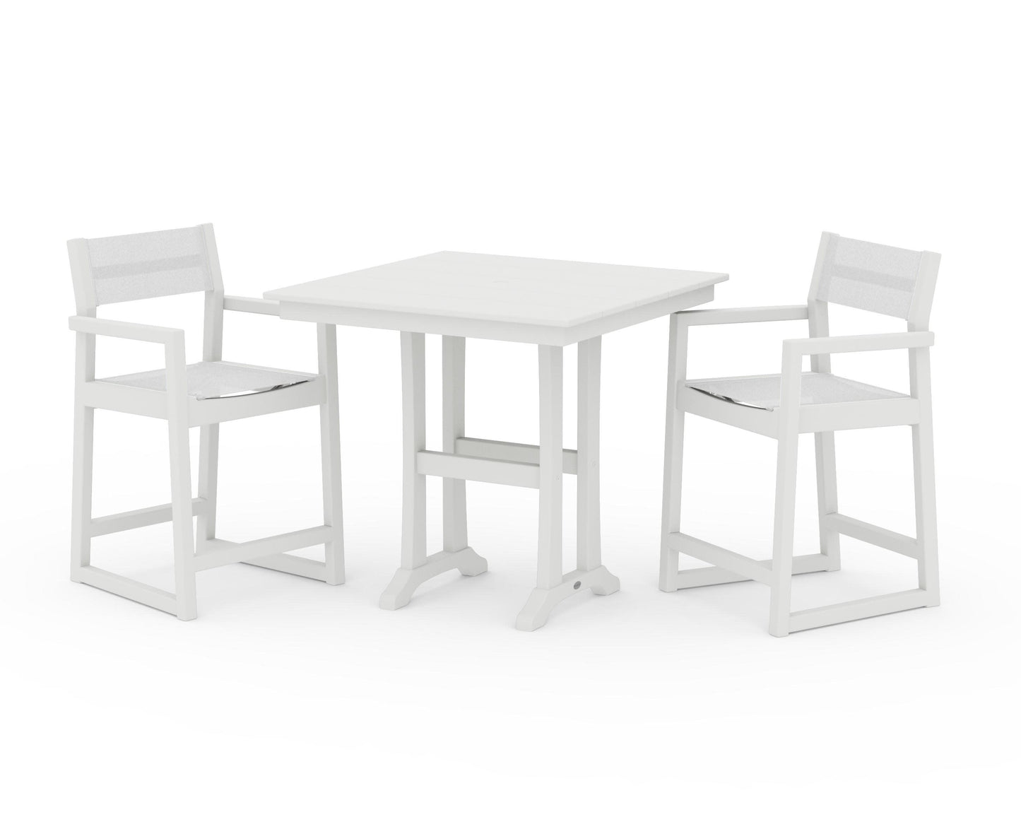 POLYWOOD EDGE Sling Arm Chair 3-Piece Farmhouse Counter Set with Trestle Legs — Vintage White / White Sling