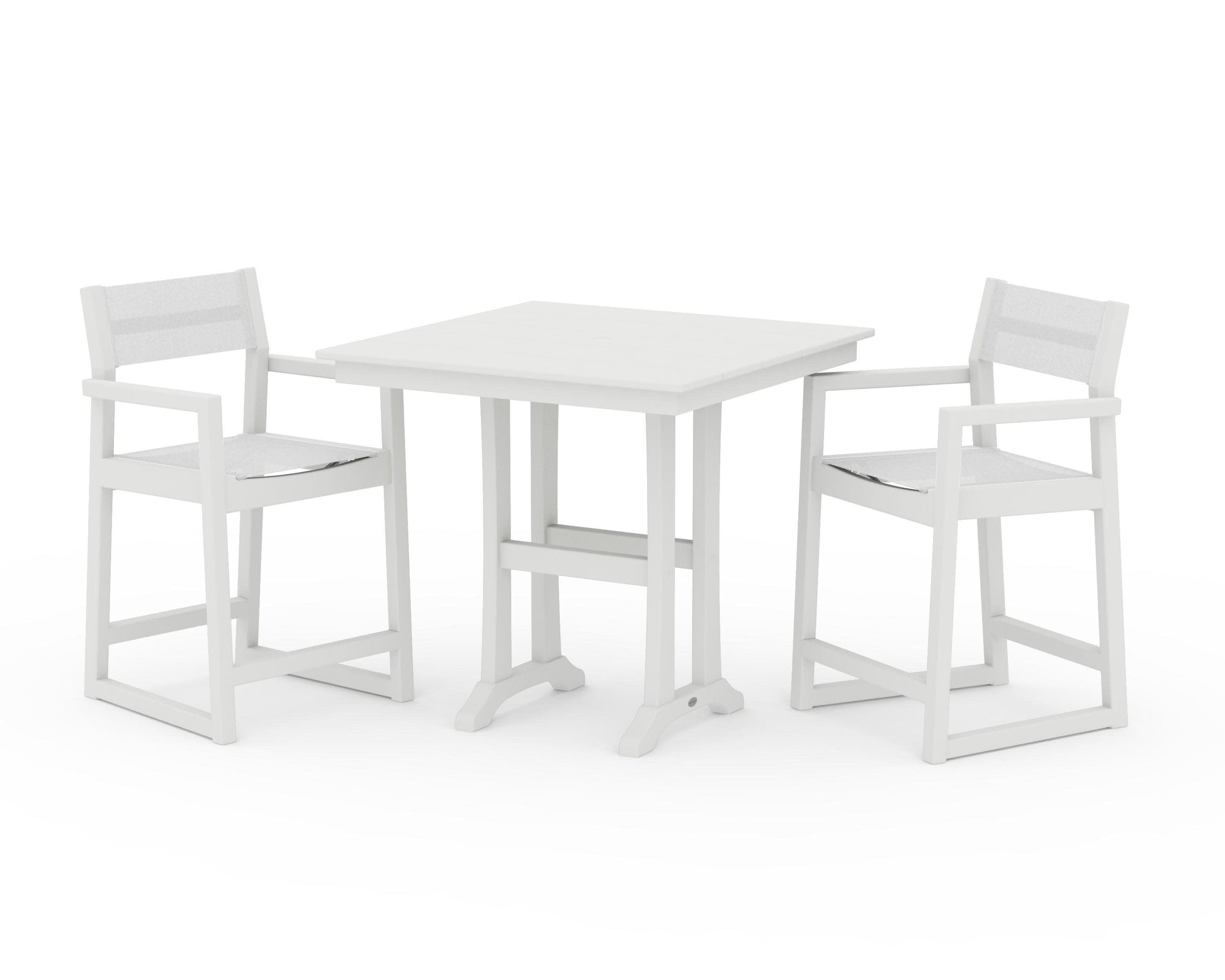 POLYWOOD EDGE Sling Arm Chair 3-Piece Farmhouse Counter Set with Trestle Legs — Vintage White / White Sling