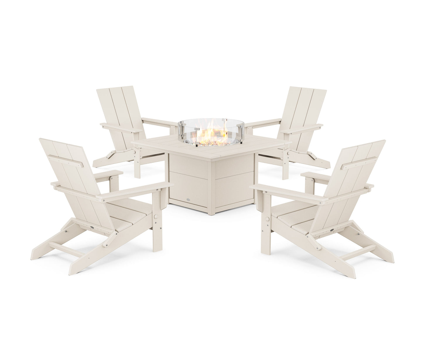POLYWOOD 5-Piece Modern Studio Folding Adirondack Conversation Set with Fire Pit Table — Sand