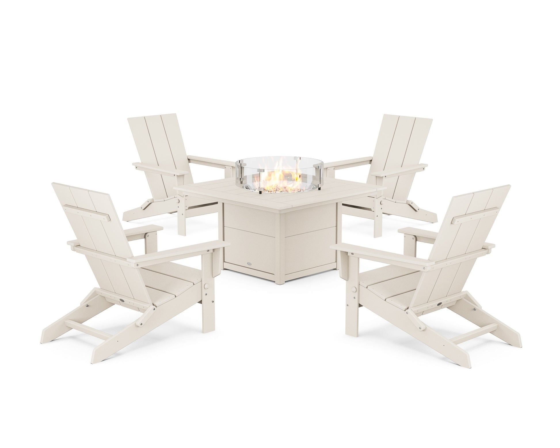 POLYWOOD 5-Piece Modern Studio Folding Adirondack Conversation Set with Fire Pit Table — Sand