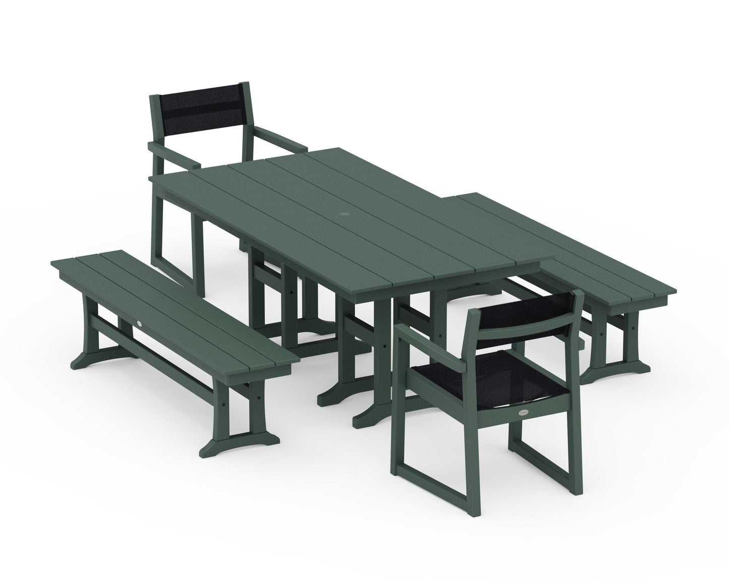 POLYWOOD EDGE Sling Arm Chair 5-Piece Farmhouse Dining Set with Benches — Green / Black Sling