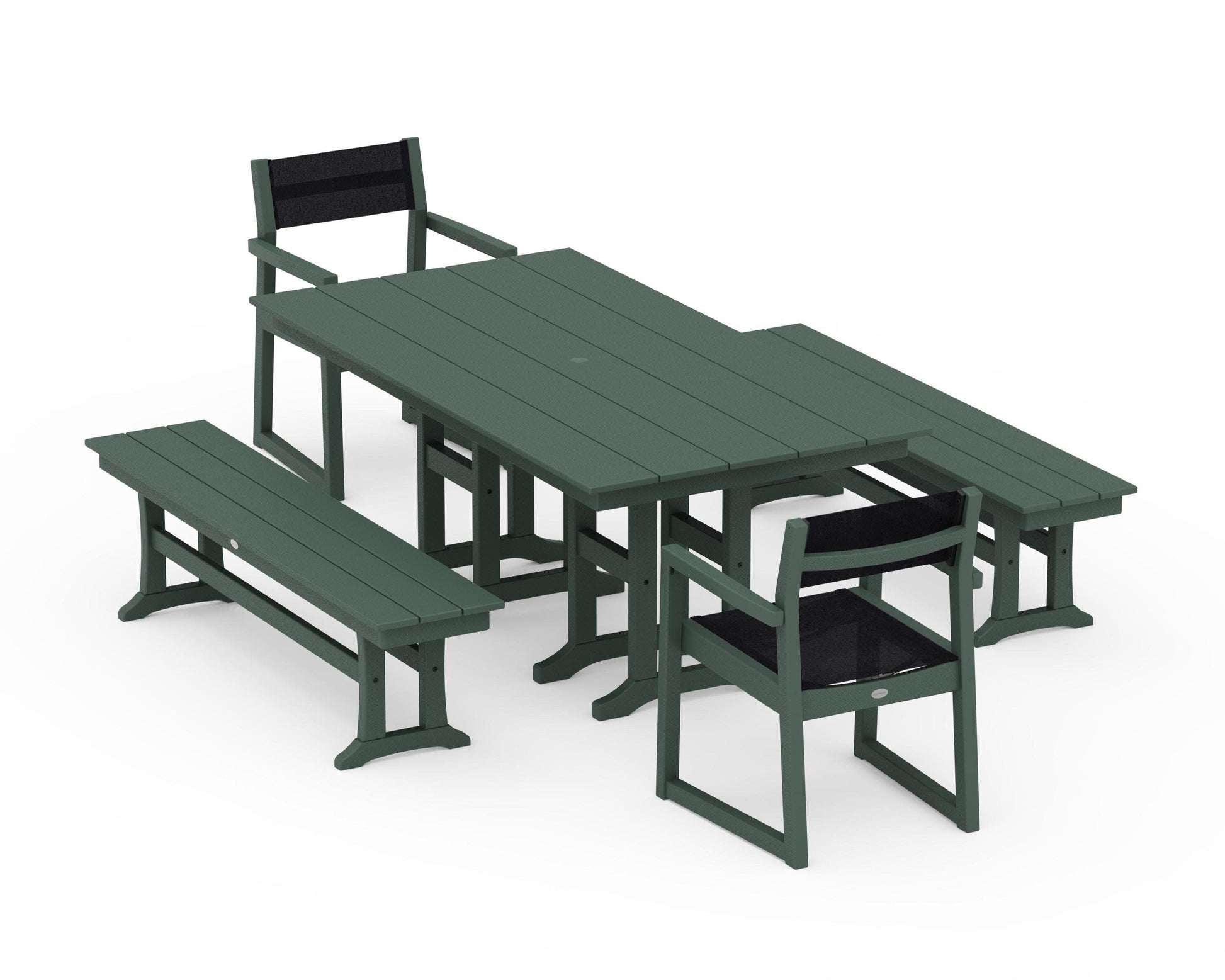 POLYWOOD EDGE Sling Arm Chair 5-Piece Farmhouse Dining Set with Benches — Green / Black Sling