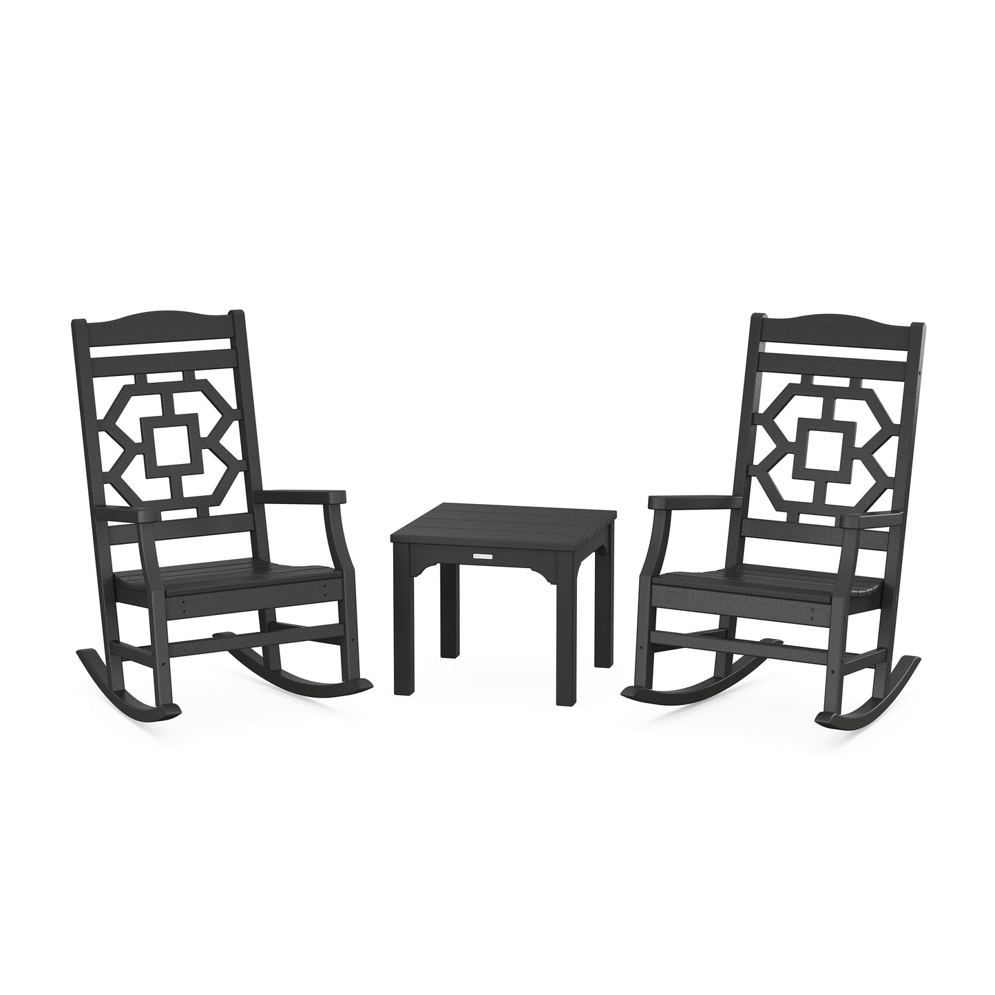 POLYWOOD Chinoiserie 3-Piece Rocking Chair Set — Black