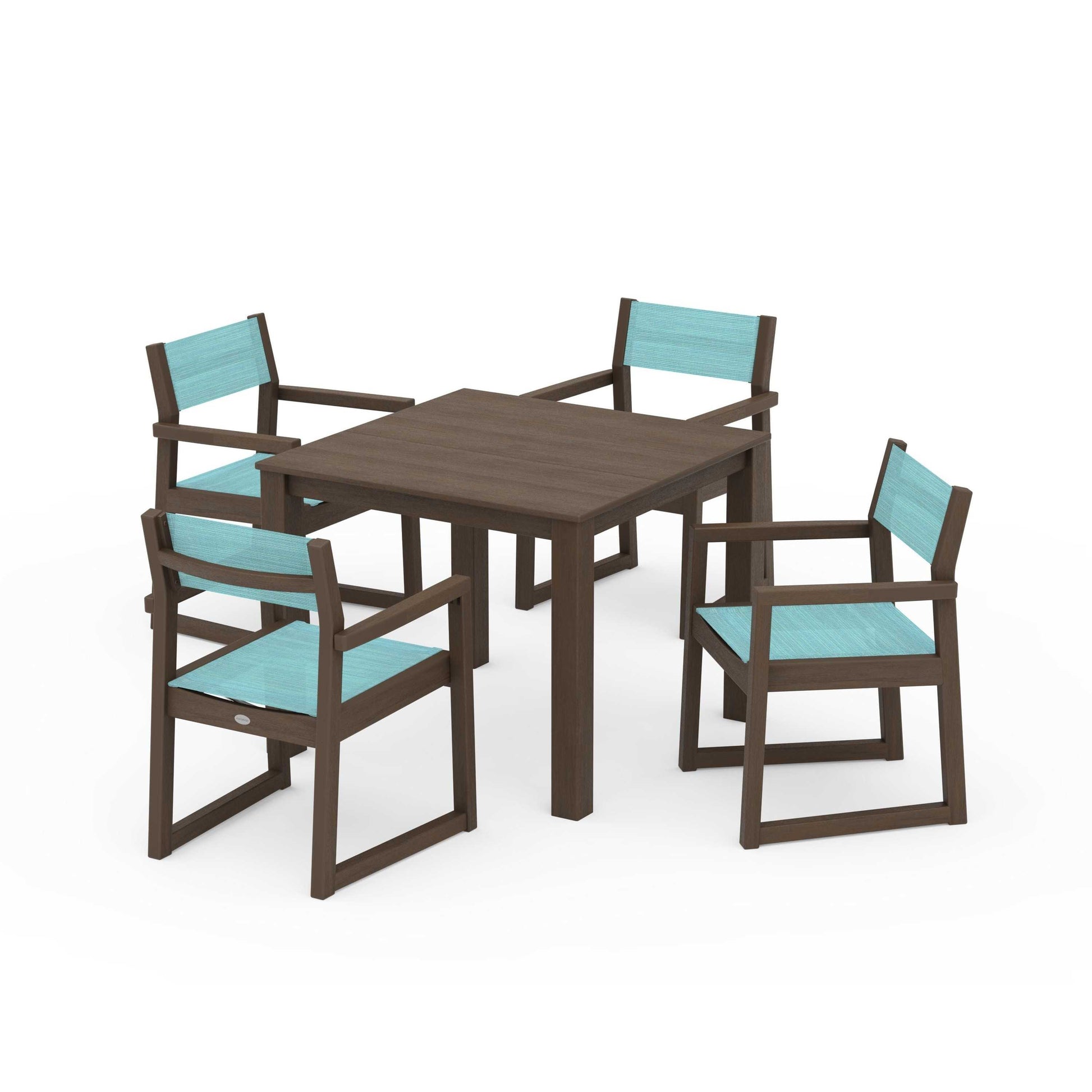 POLYWOOD EDGE Sling Arm Chair 5-Piece Parsons Dining Set — Kona / Dupioni Aquamarine Sling