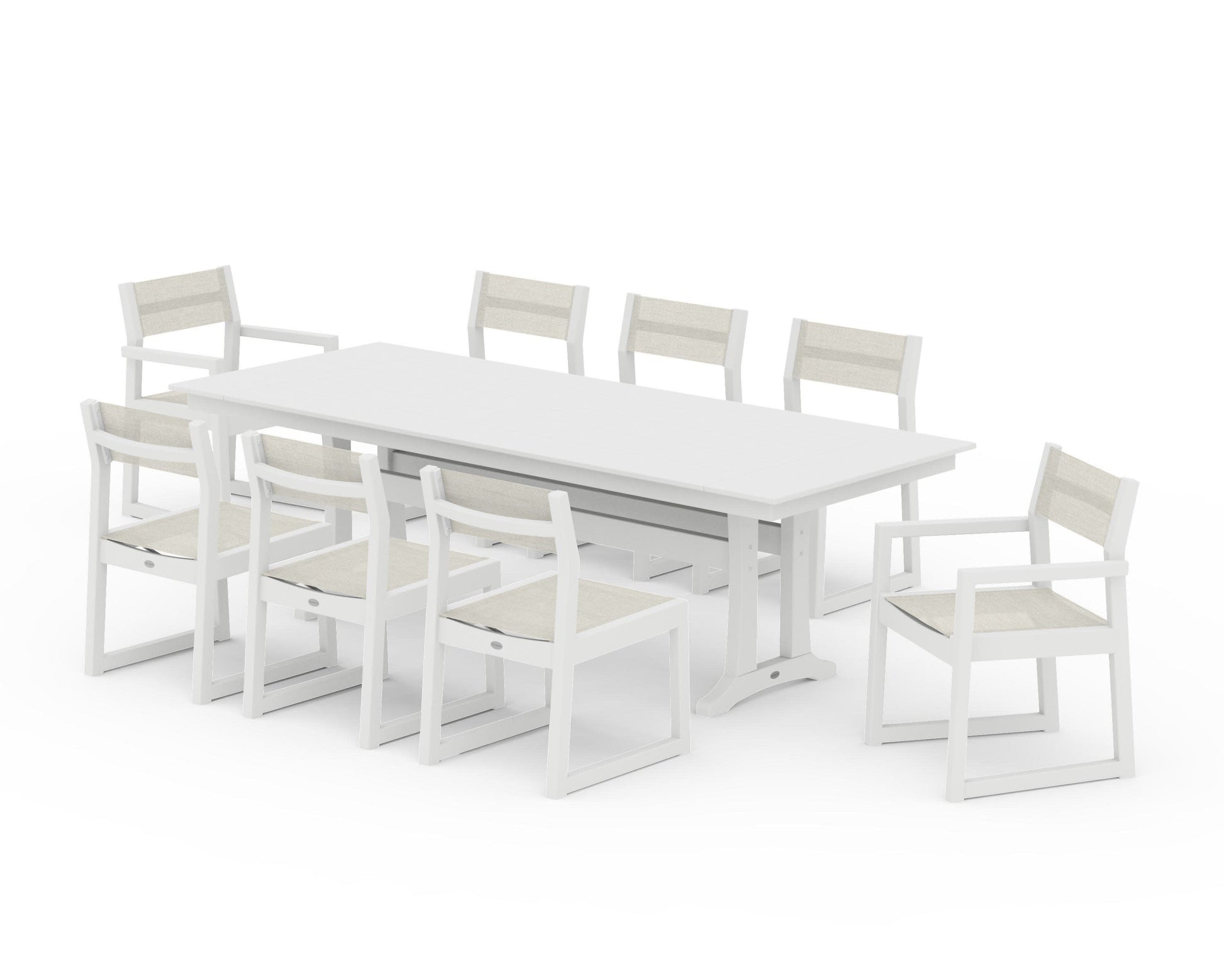 POLYWOOD EDGE Sling 9-Piece Farmhouse Trestle Dining Set — White / Parchment Sling