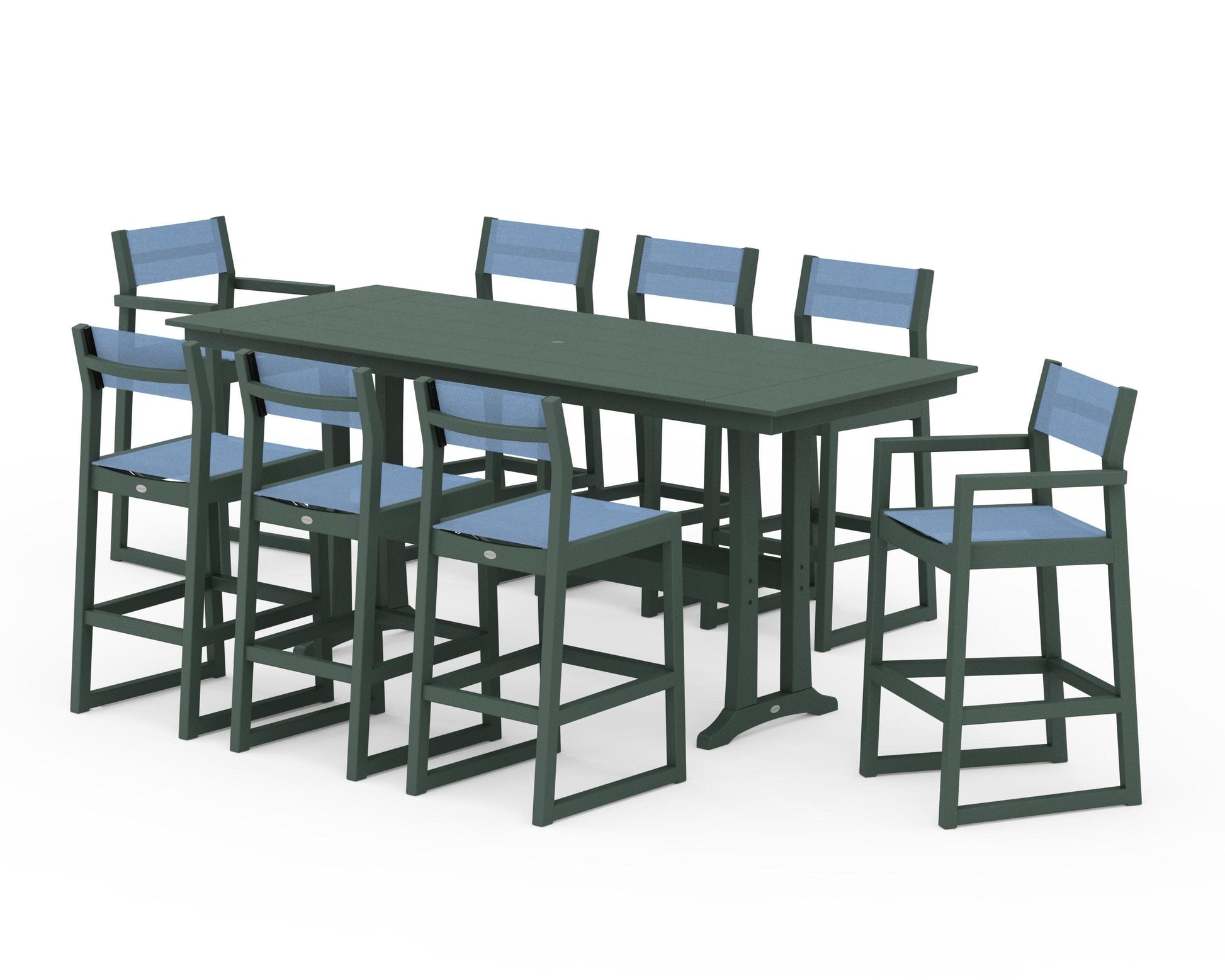 POLYWOOD EDGE Sling 9-Piece Farmhouse Bar Set with Trestle Legs — Green / Poolside Sling
