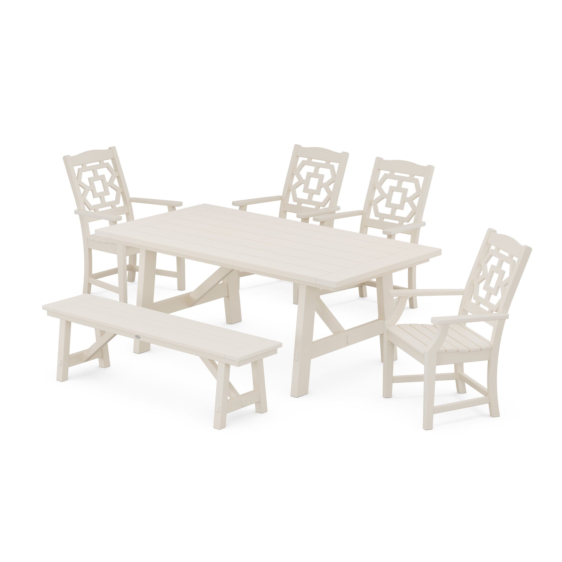 POLYWOOD Chinoiserie 6-Piece Rustic Farmhouse Dining Set with Bench — Sand