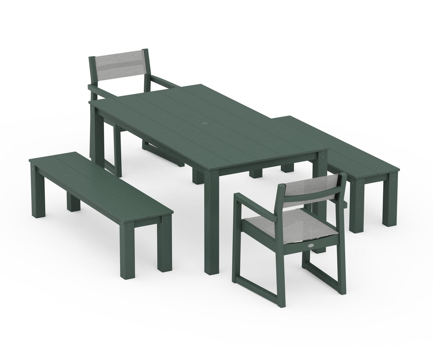 POLYWOOD EDGE Sling Arm Chair 5-Piece Parsons Dining Set with Benches — Green / Metallic Sling