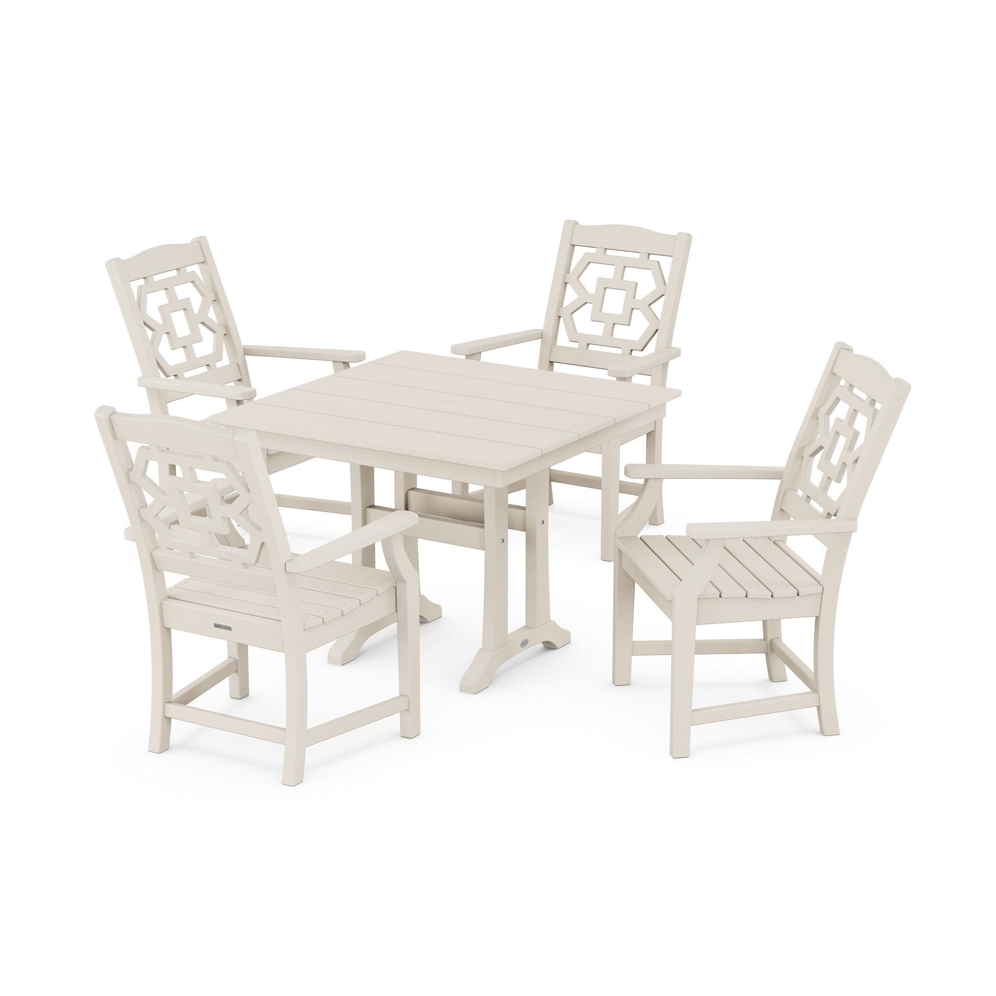 POLYWOOD Chinoiserie 5-Piece Farmhouse Dining Set with Trestle Legs — Sand