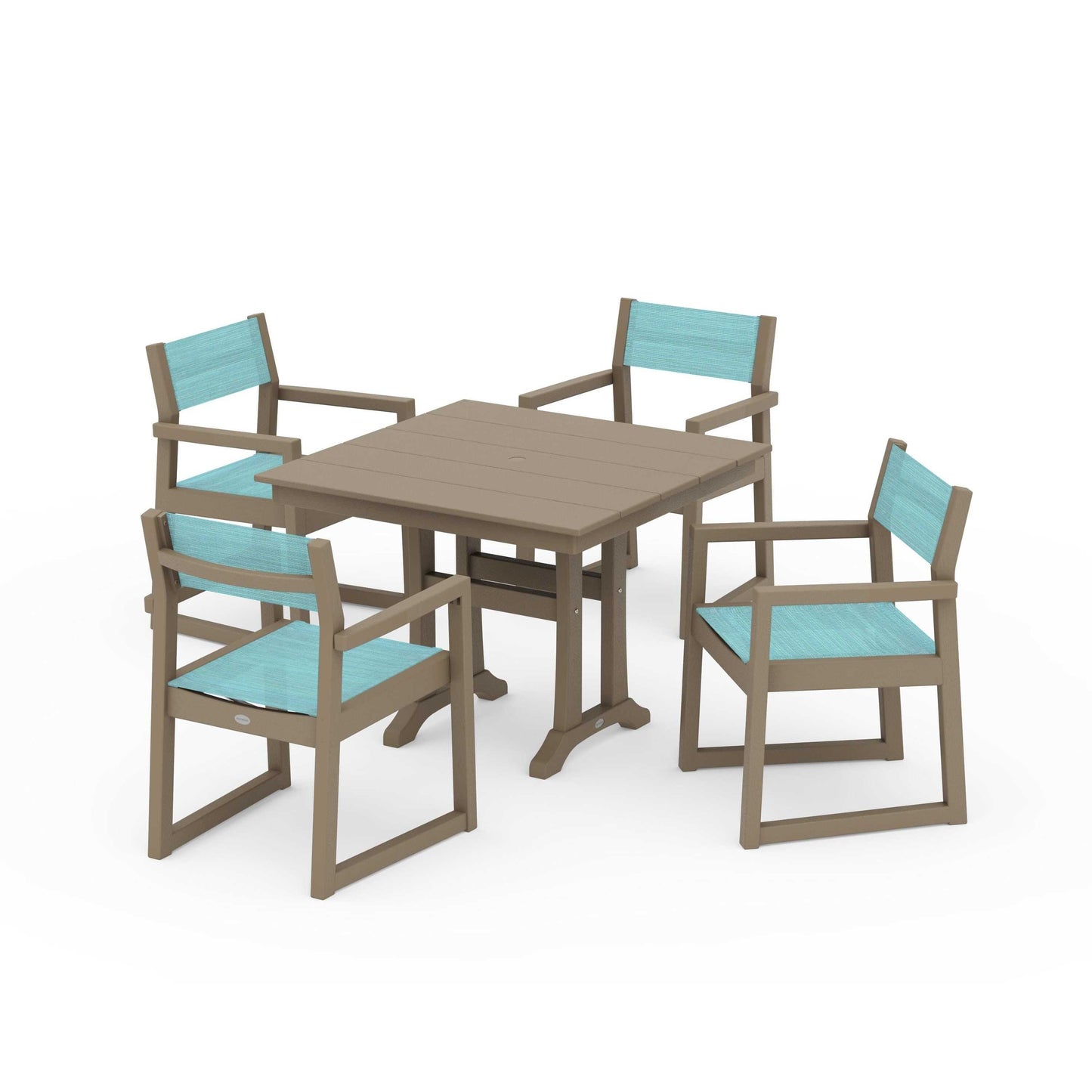 POLYWOOD EDGE Sling 5-Piece Farmhouse Dining Set with Trestle Legs — Vintage Sahara / Dupioni Aquamarine Sling