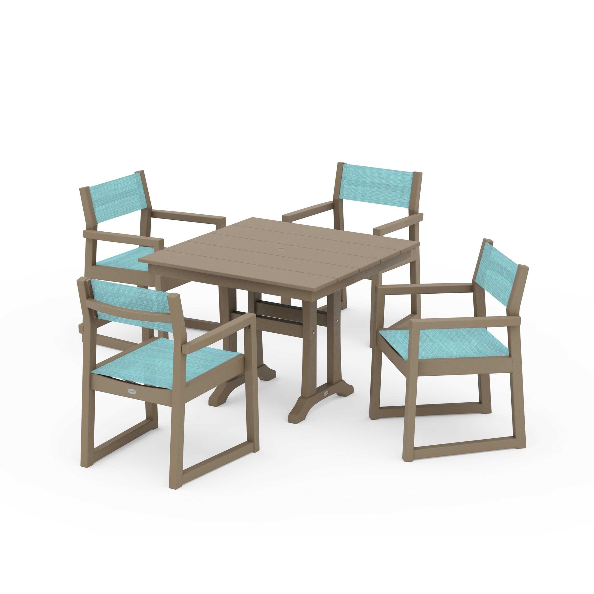 POLYWOOD EDGE Sling 5-Piece Farmhouse Dining Set with Trestle Legs — Vintage Sahara / Dupioni Aquamarine Sling