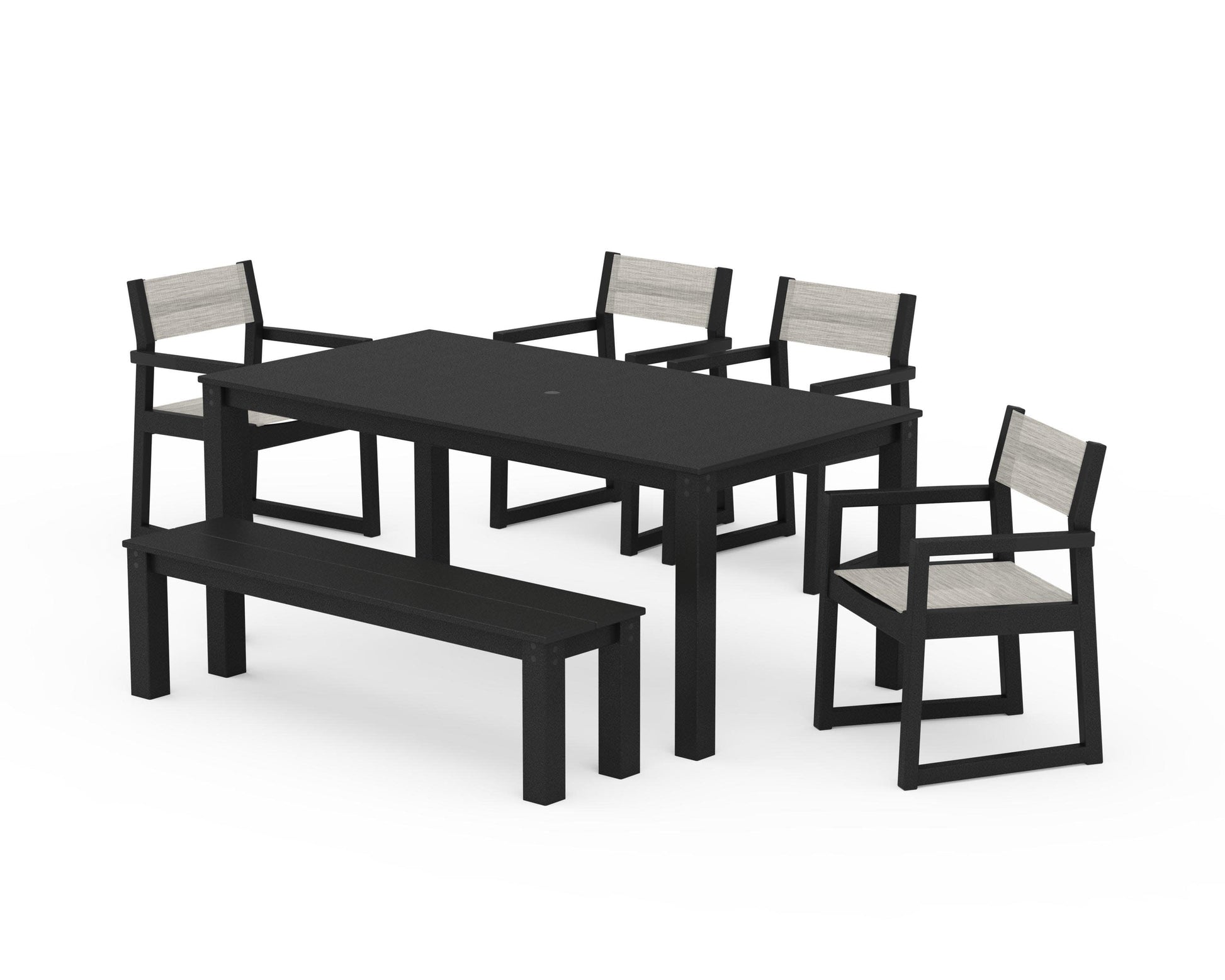 POLYWOOD EDGE Sling Arm Chair 6-Piece Parsons Dining Set with Bench — Black / Birch Sling