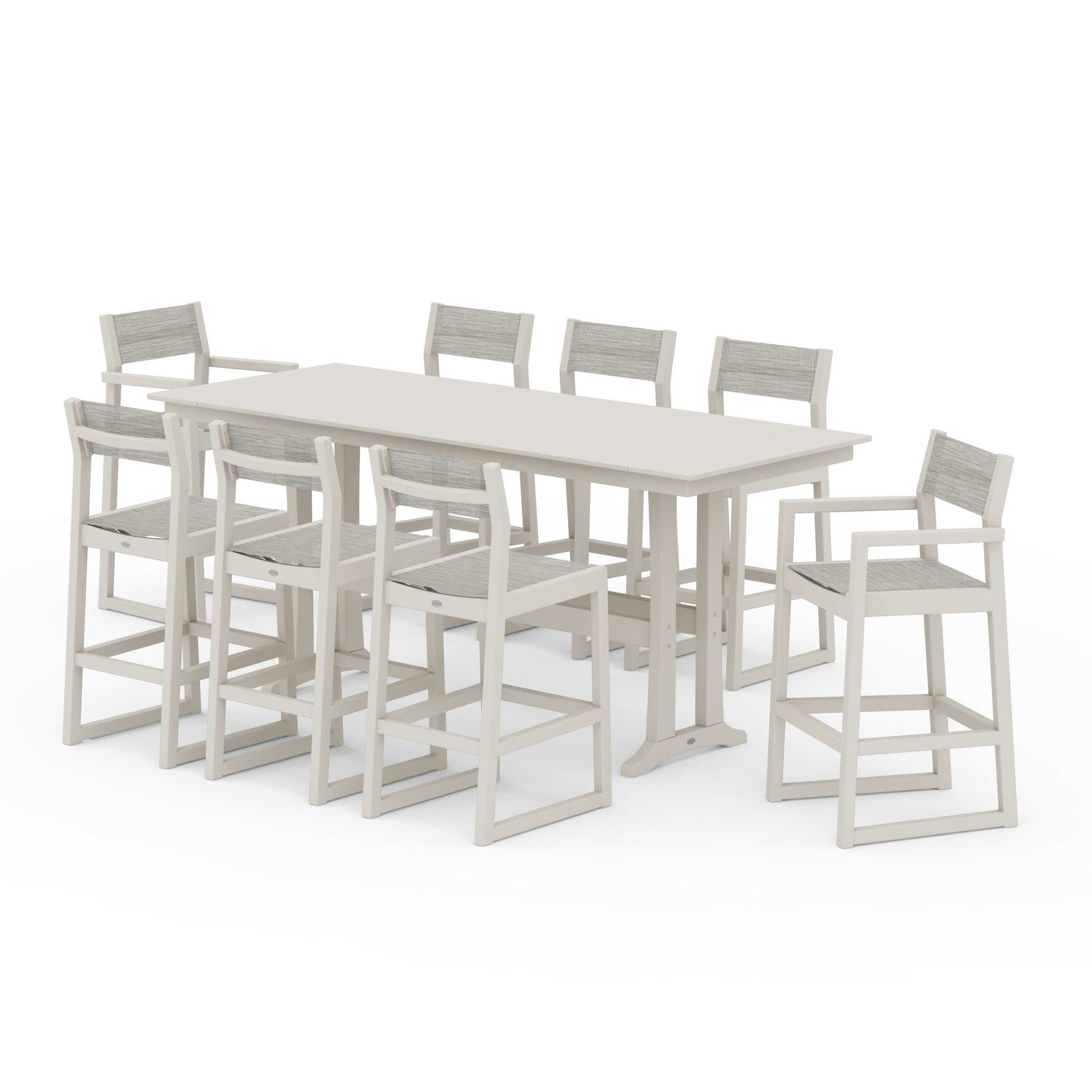 POLYWOOD EDGE Sling 9-Piece Farmhouse Bar Set with Trestle Legs — Sand / Birch Sling
