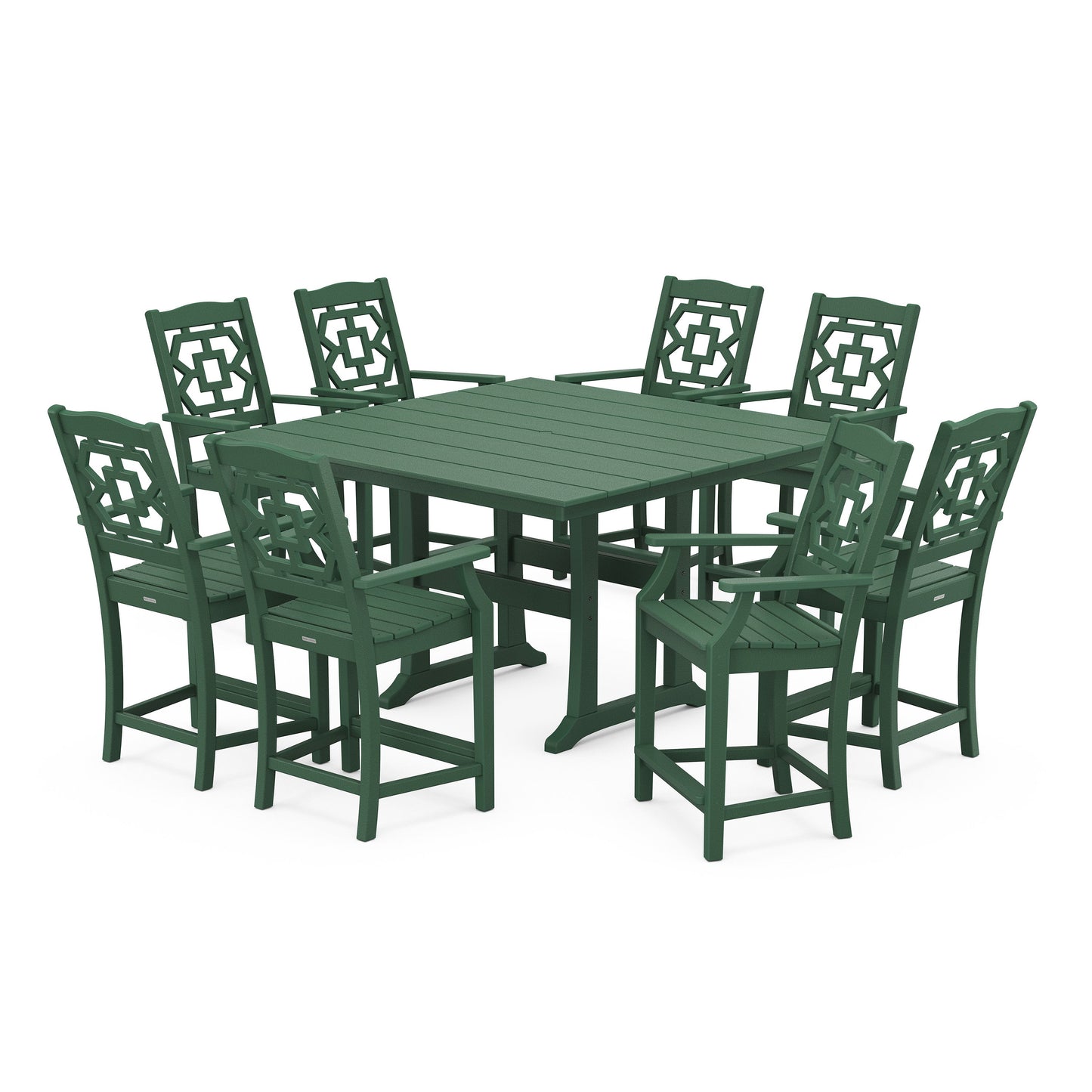 POLYWOOD Chinoiserie 9-Piece Square Farmhouse Counter Set with Trestle Legs — Green