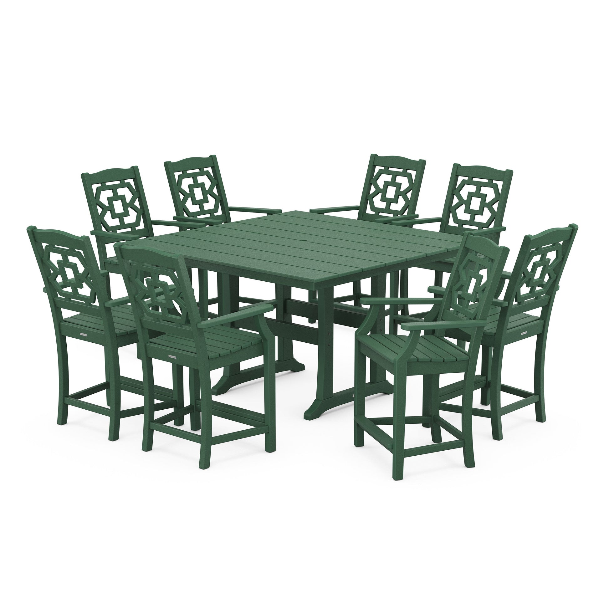 POLYWOOD Chinoiserie 9-Piece Square Farmhouse Counter Set with Trestle Legs — Green