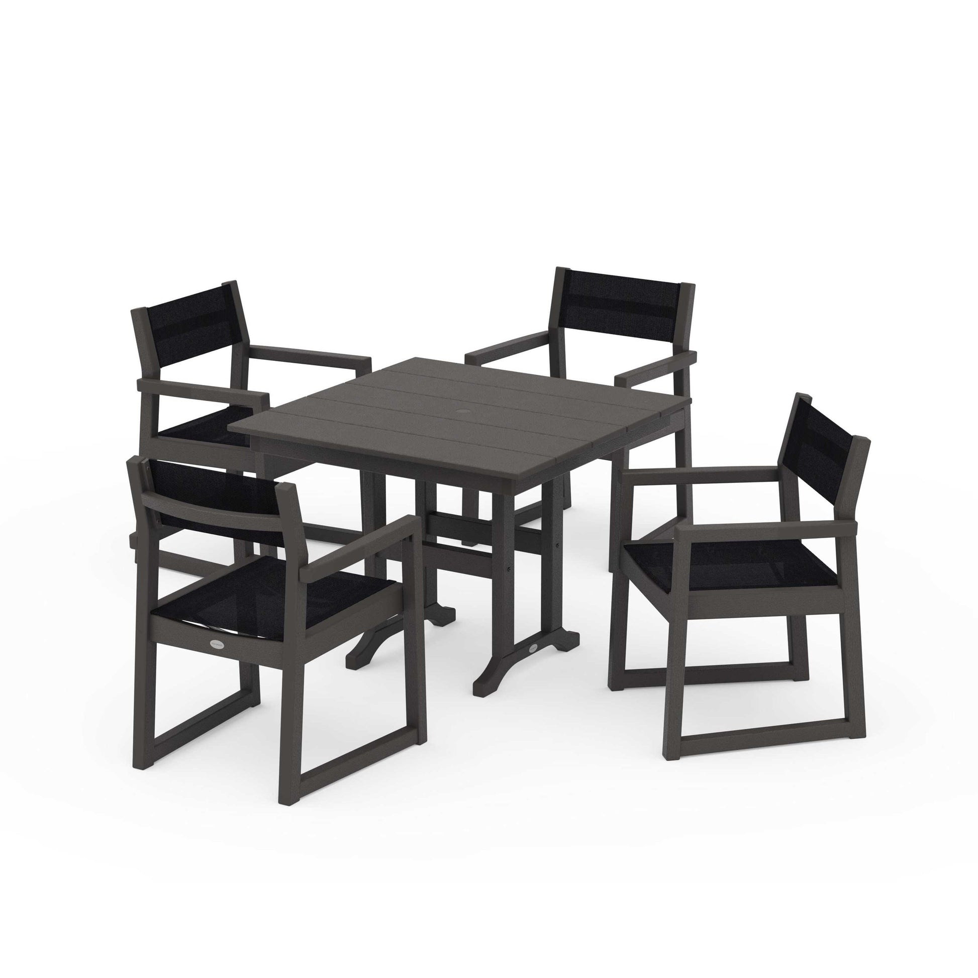 POLYWOOD EDGE Sling Arm Chair 5-Piece Farmhouse Dining Set — Vintage Coffee / Black Sling