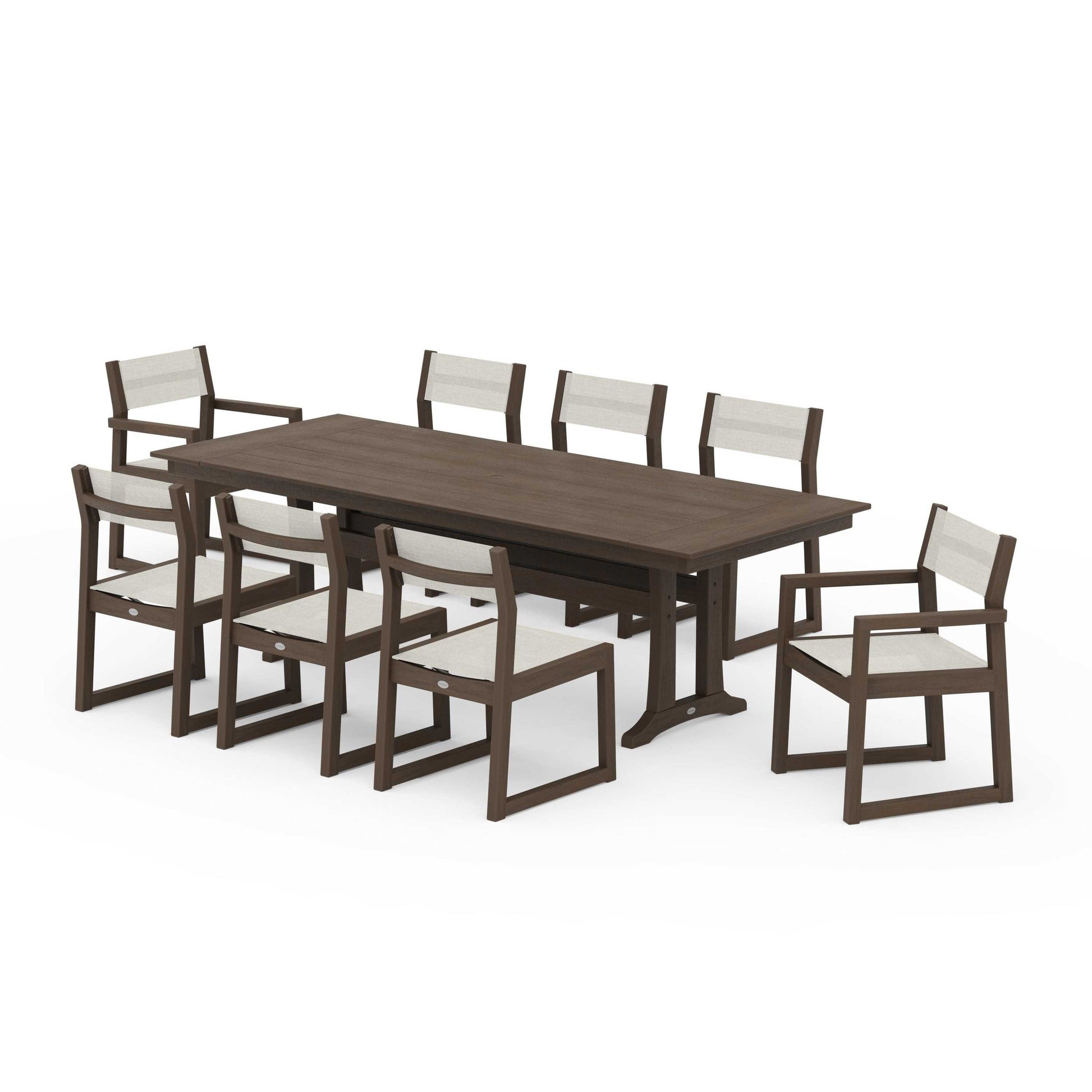 POLYWOOD EDGE Sling 9-Piece Farmhouse Trestle Dining Set — Kona / Parchment Sling