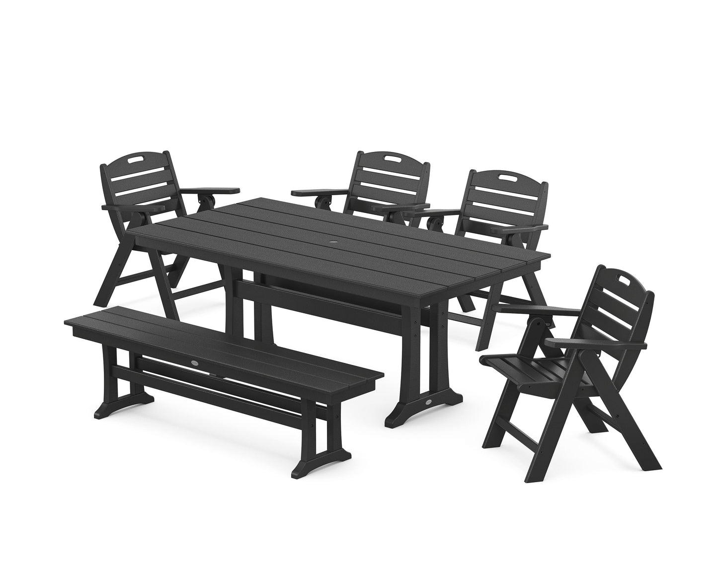 POLYWOOD Nautical Lowback 6-Piece Farmhouse Dining Set with Trestle Legs and Bench — Black