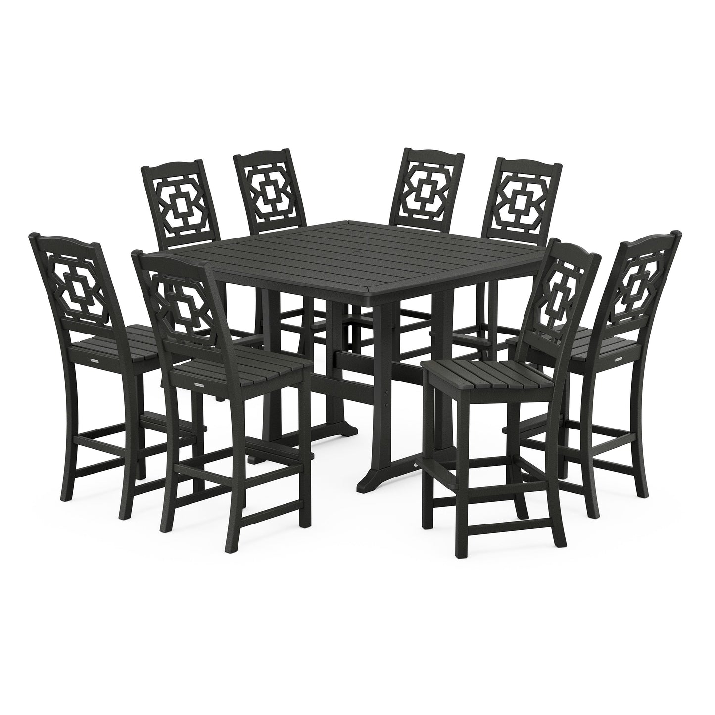 POLYWOOD Chinoiserie 9-Piece Square Side Chair Bar Set with Trestle Legs — Black