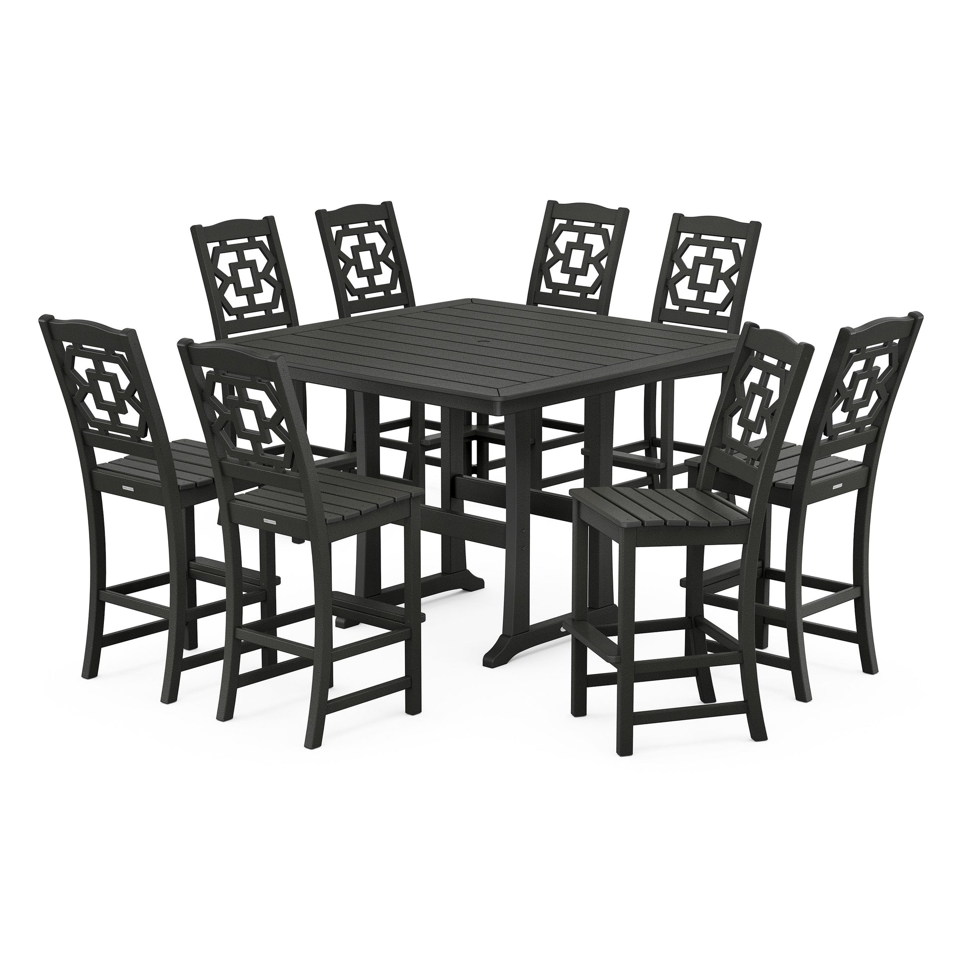 POLYWOOD Chinoiserie 9-Piece Square Side Chair Bar Set with Trestle Legs — Black