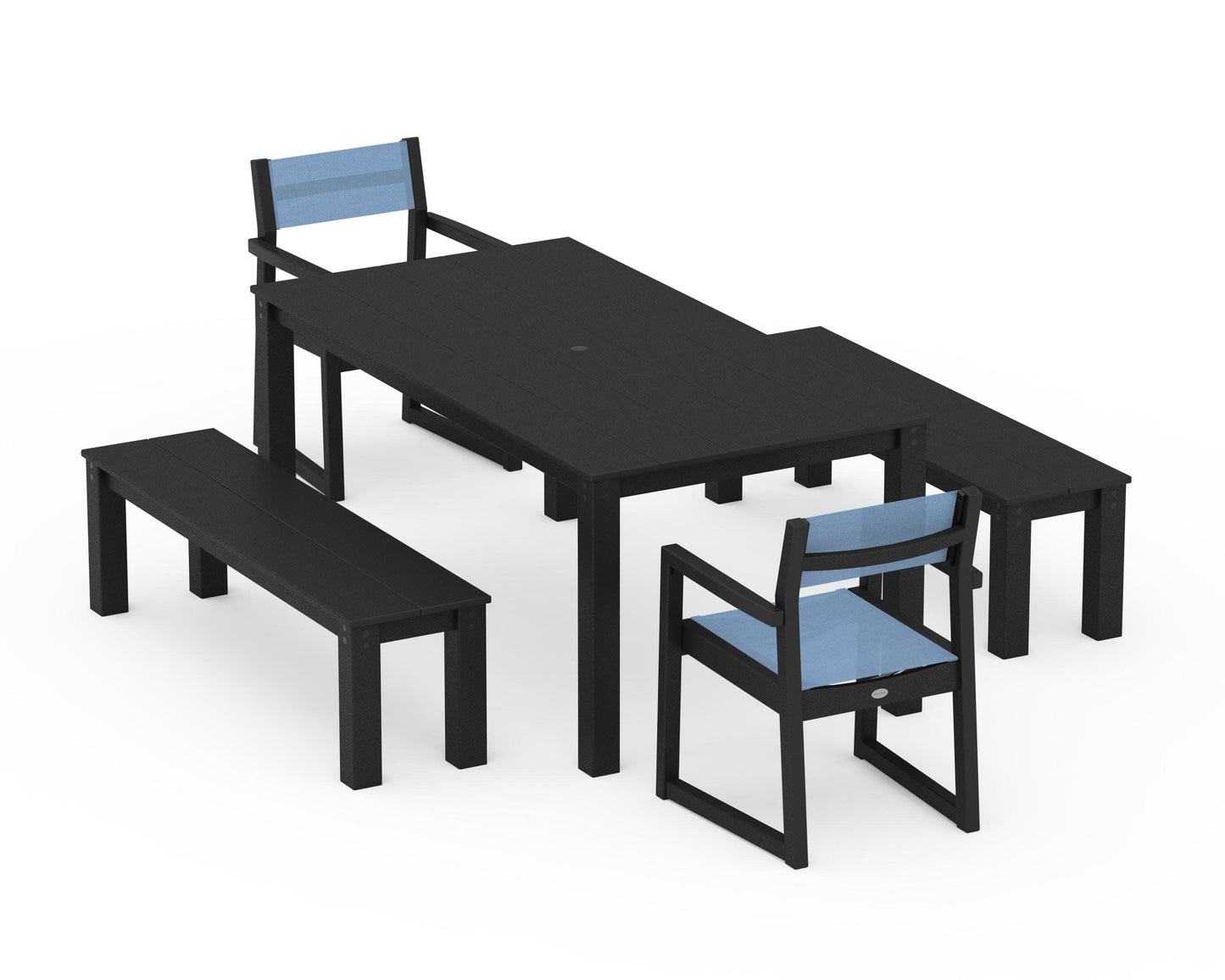 POLYWOOD EDGE Sling Arm Chair 5-Piece Parsons Dining Set with Benches — Black / Poolside Sling