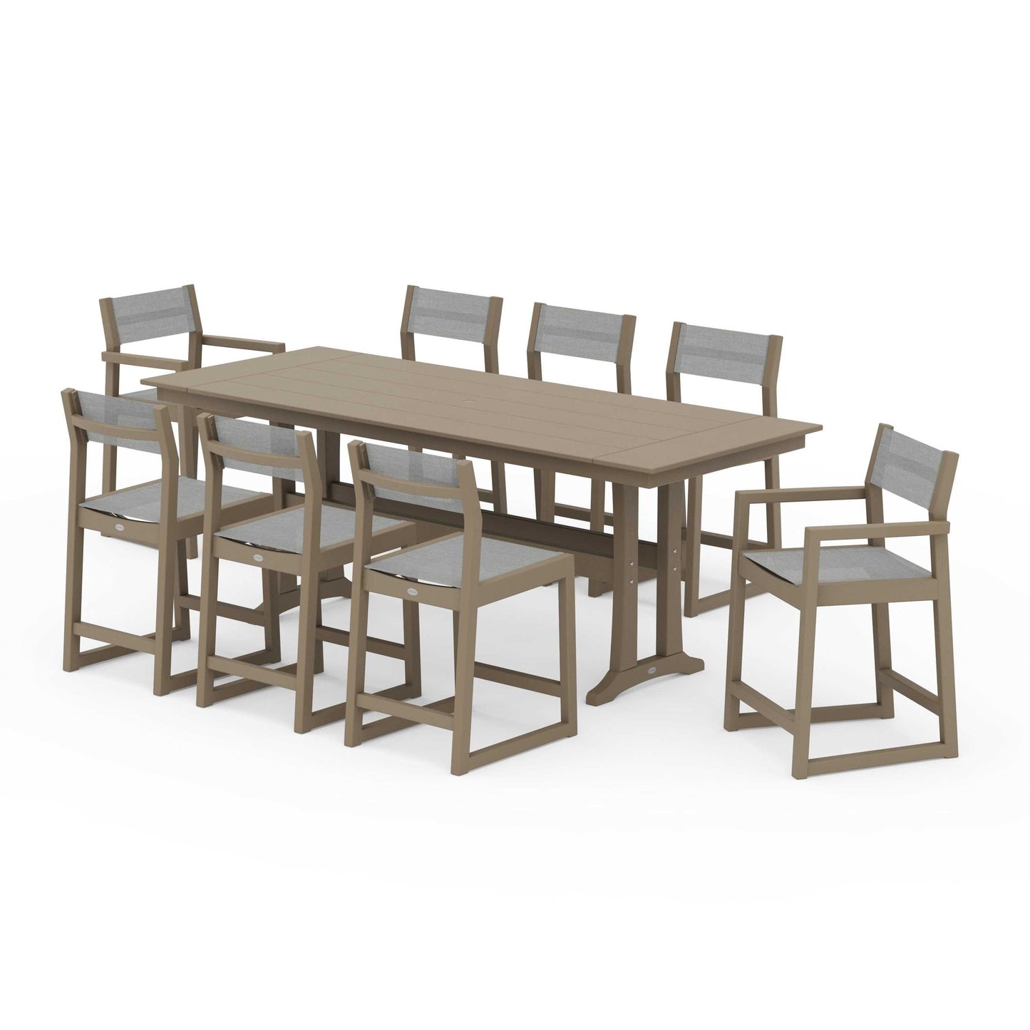 POLYWOOD EDGE Sling 9-Piece Farmhouse Counter Set with Trestle Legs — Vintage Sahara / Metallic Sling