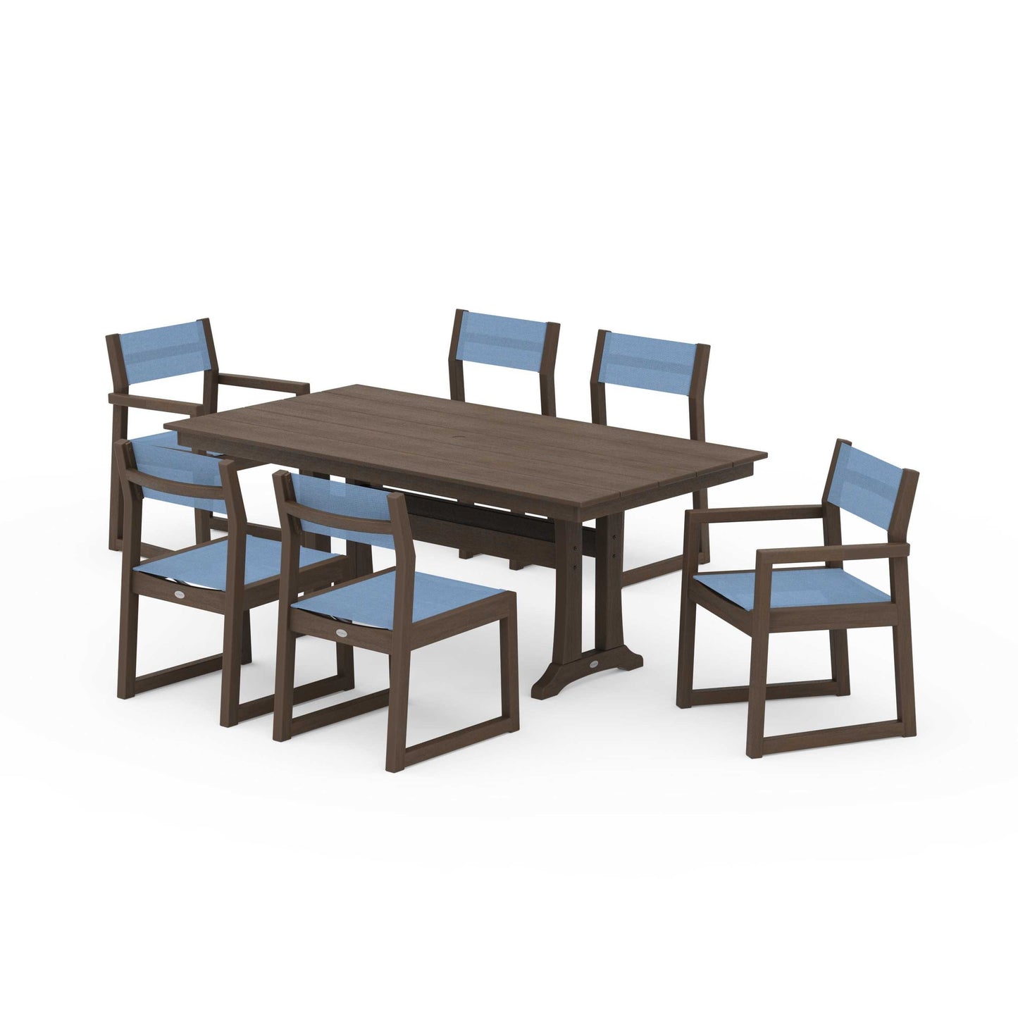 POLYWOOD EDGE Sling 7-Piece Farmhouse Trestle Dining Set — Kona / Poolside Sling