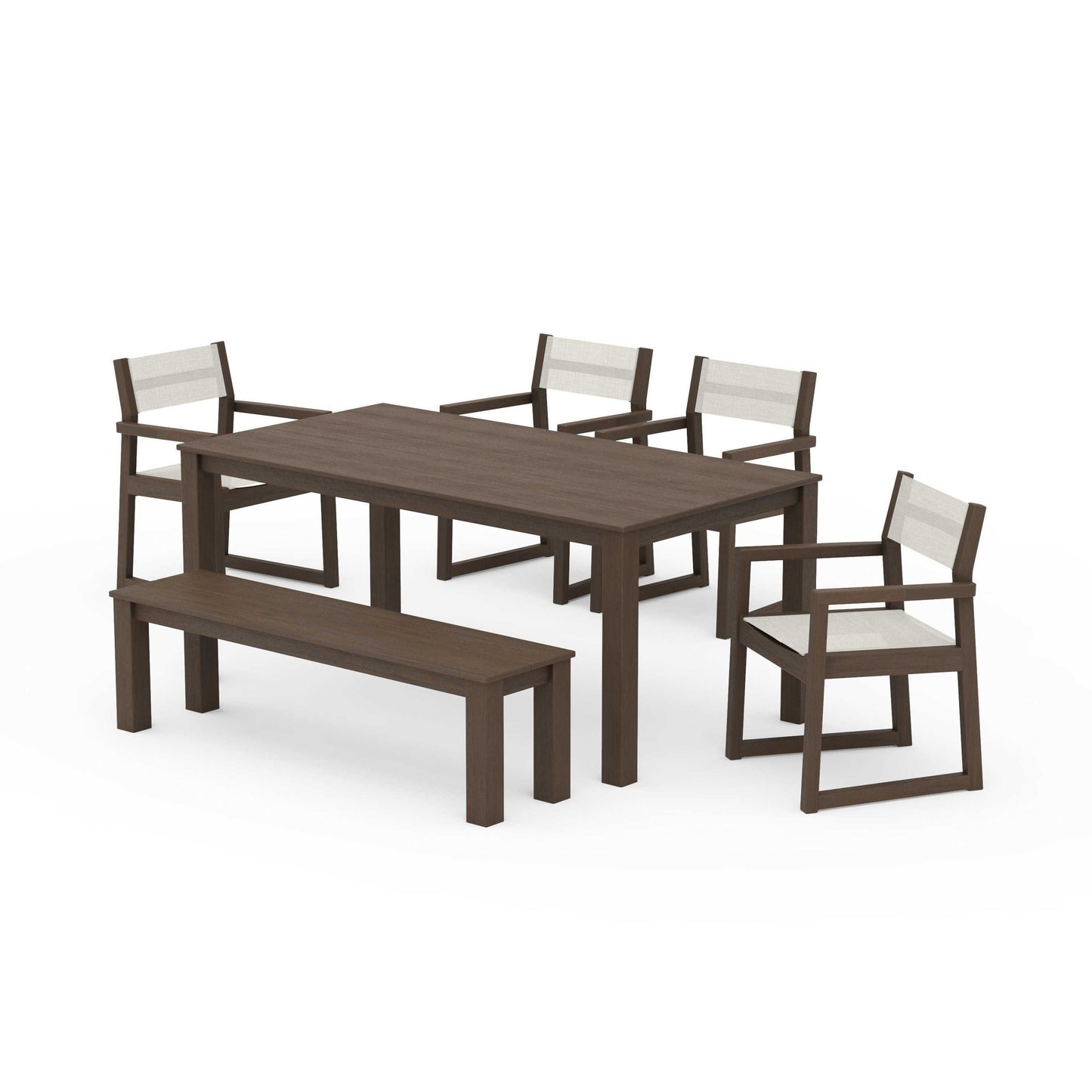 POLYWOOD EDGE Sling Arm Chair 6-Piece Parsons Dining Set with Bench — Kona / Parchment Sling