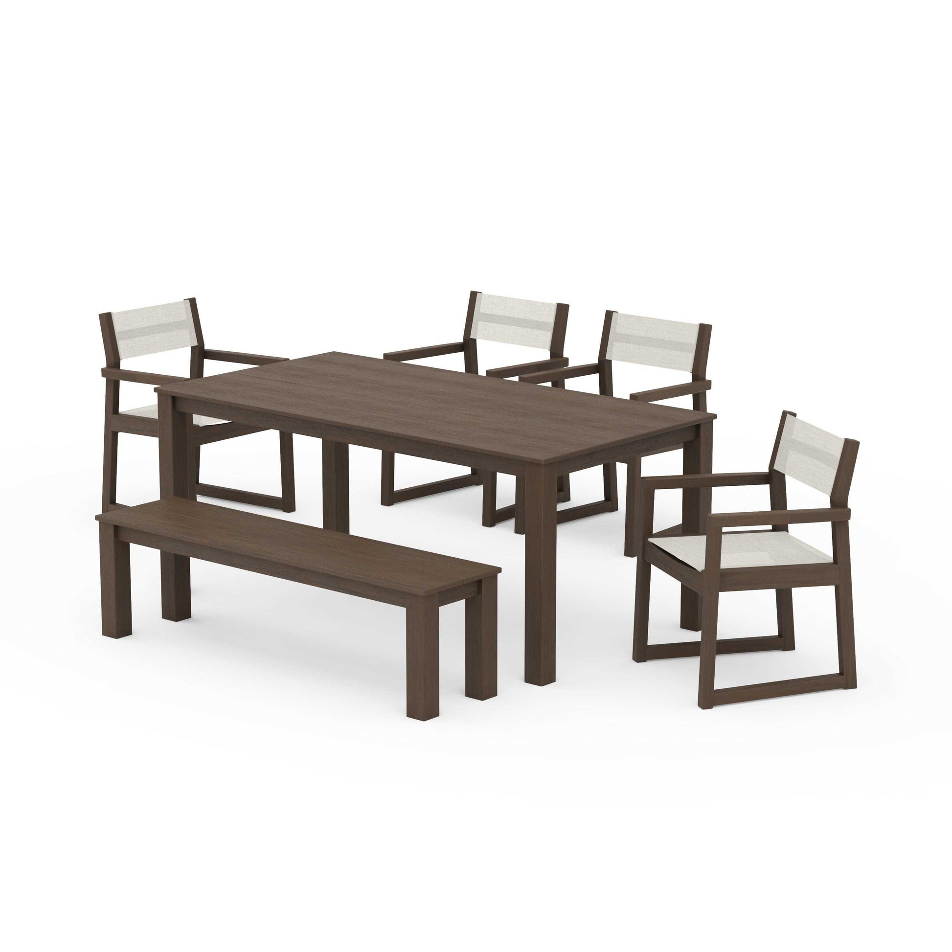 POLYWOOD EDGE Sling Arm Chair 6-Piece Parsons Dining Set with Bench — Kona / Parchment Sling