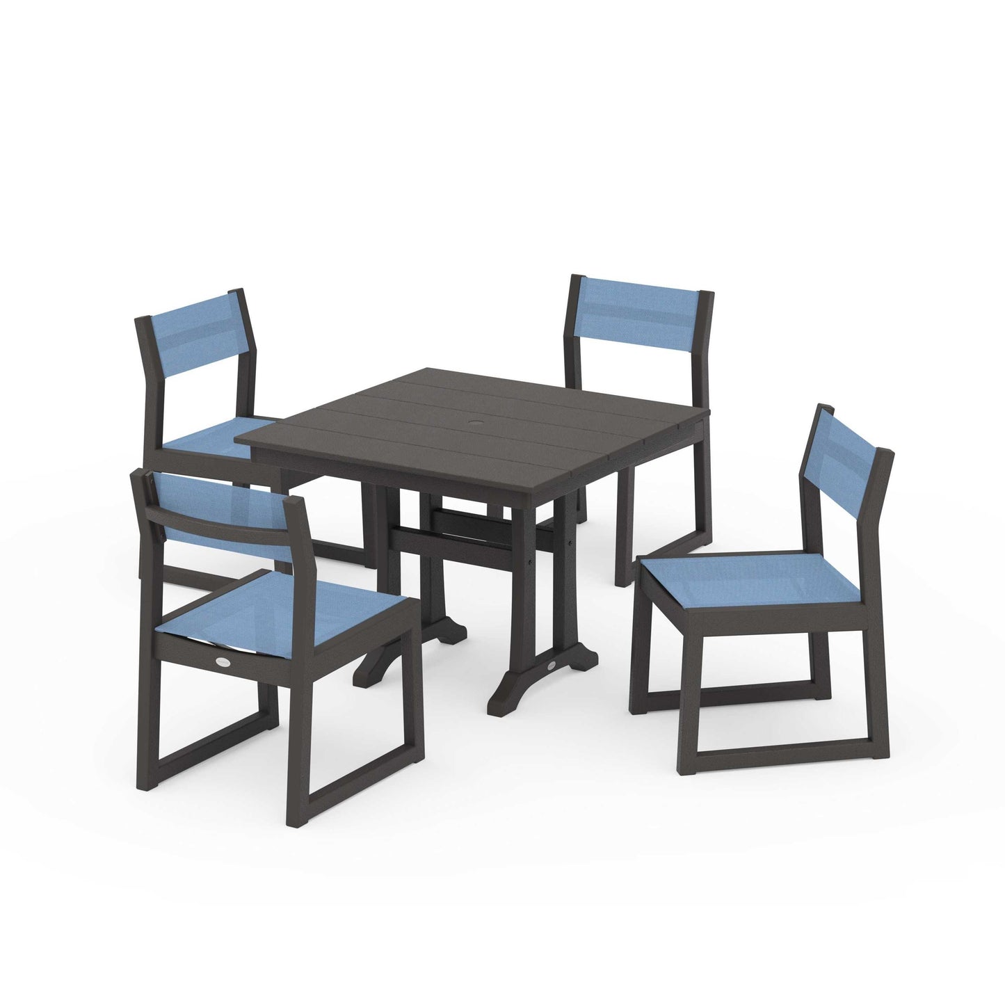 POLYWOOD EDGE Sling 5-Piece Farmhouse Trestle Side Chair Dining Set — Vintage Coffee / Poolside Sling