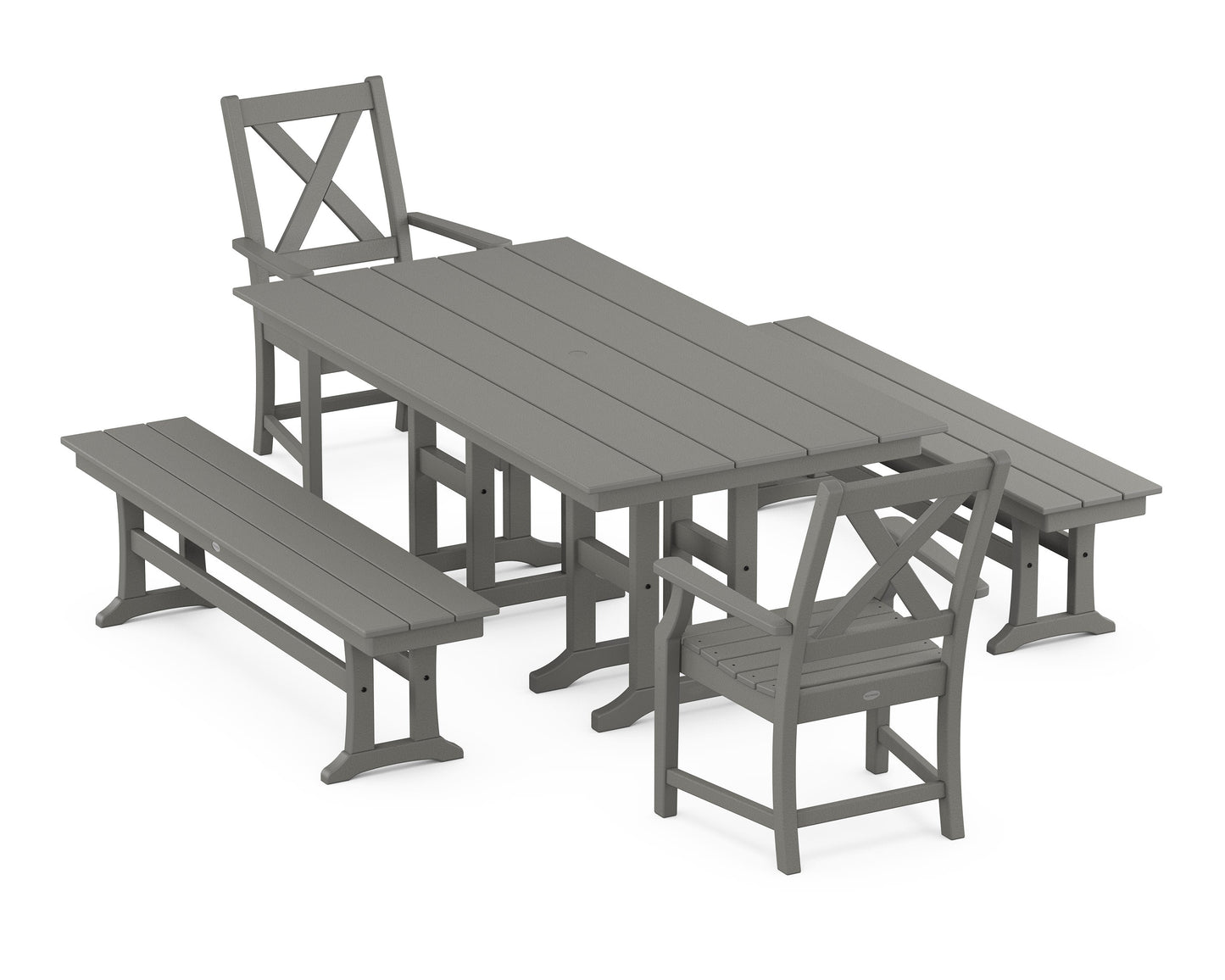 POLYWOOD Braxton 5-Piece Farmhouse Dining Set with Benches — Slate Grey