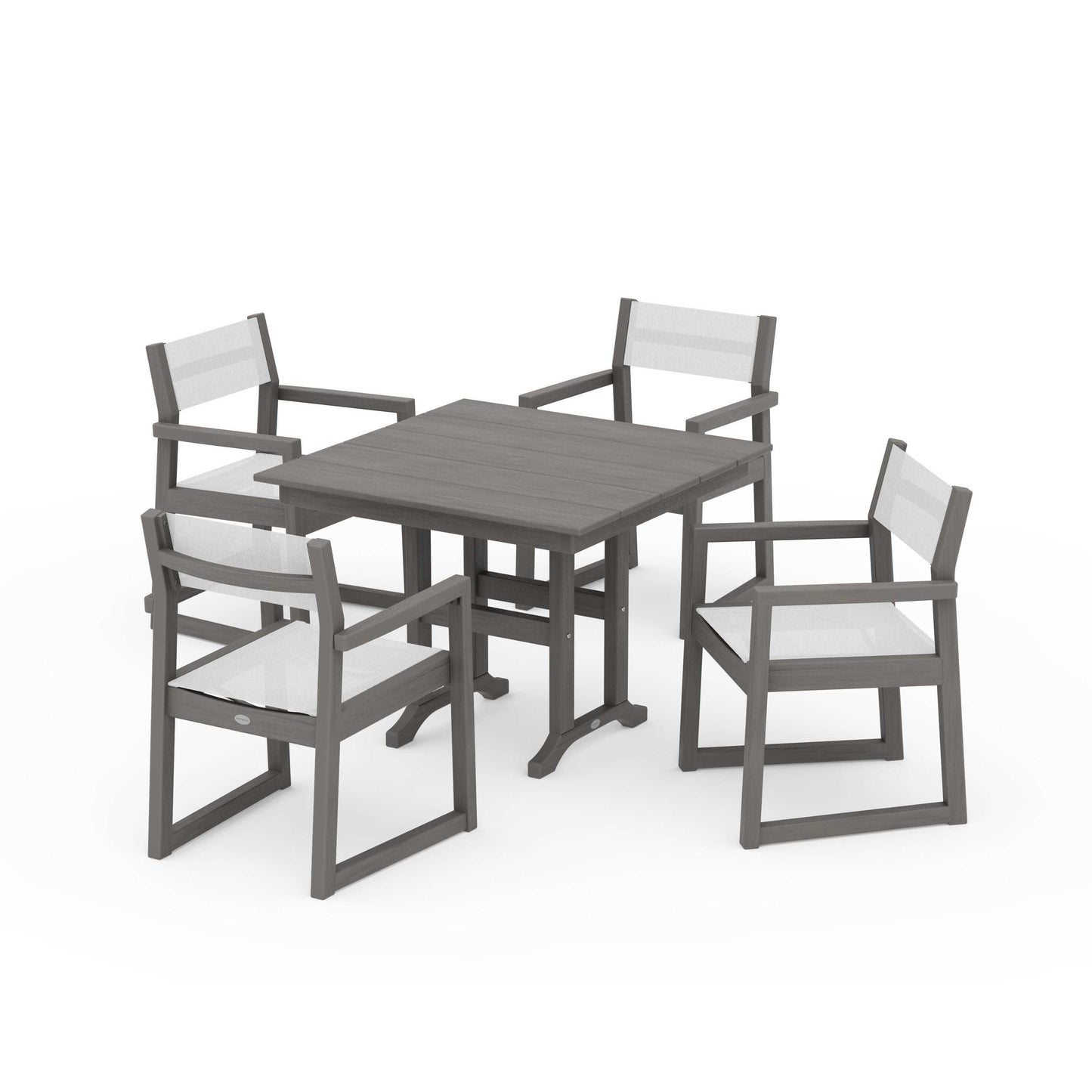POLYWOOD EDGE Sling Arm Chair 5-Piece Farmhouse Dining Set — Driftwood / White Sling