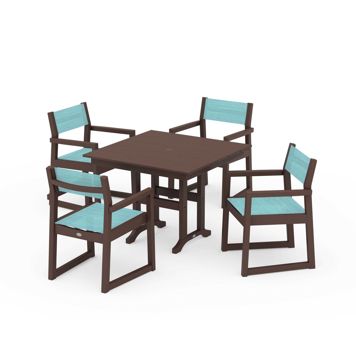 POLYWOOD EDGE Sling Arm Chair 5-Piece Farmhouse Dining Set — Mahogany / Dupioni Aquamarine Sling