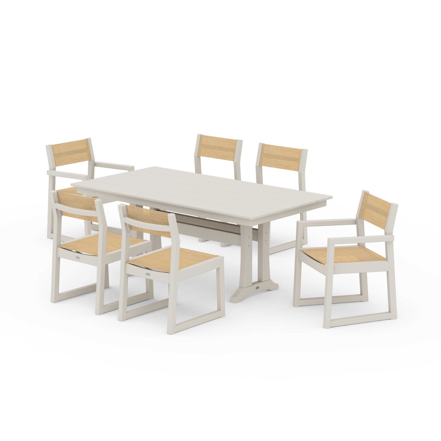 POLYWOOD EDGE Sling 7-Piece Farmhouse Trestle Dining Set — Sand / Dupioni Apricot Sling
