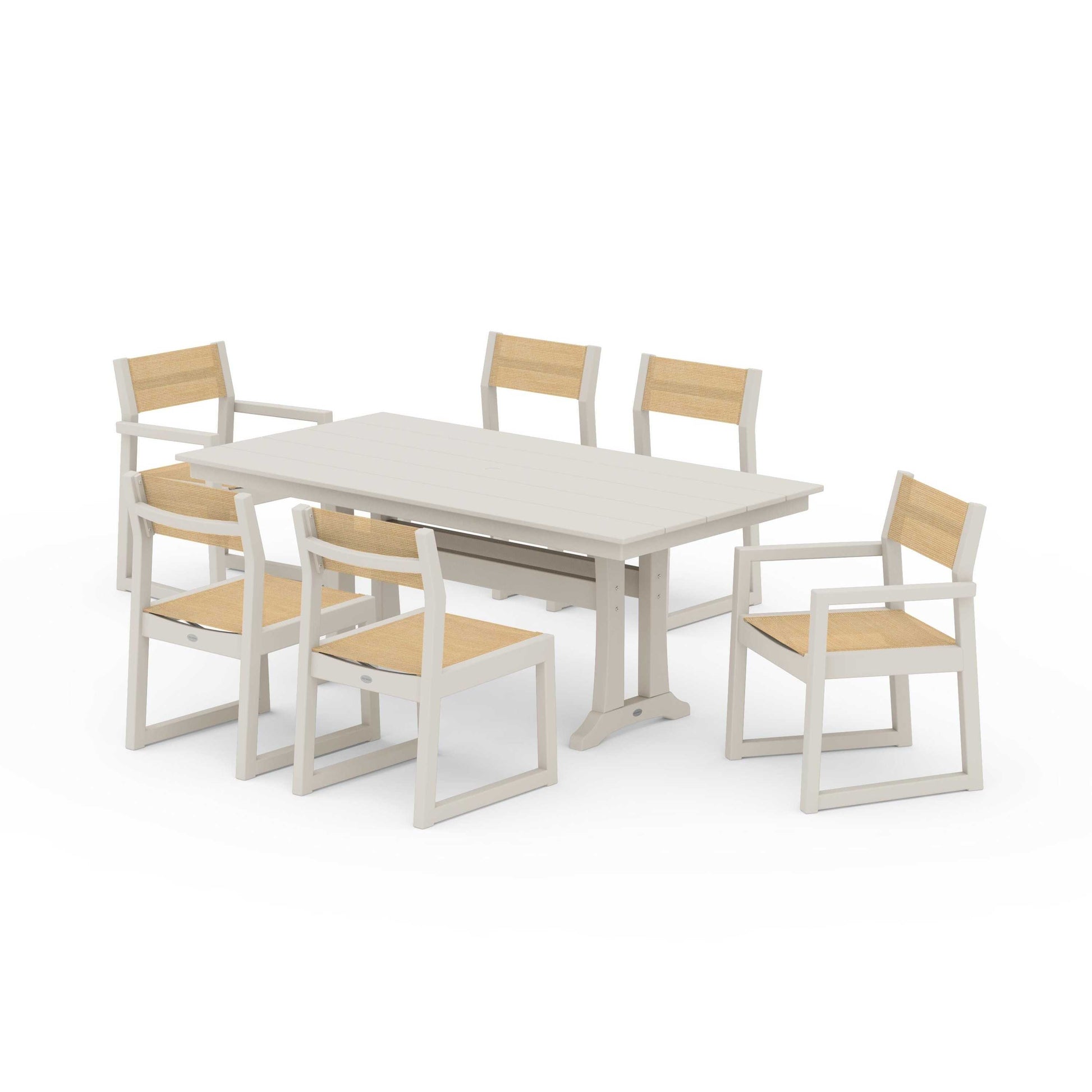 POLYWOOD EDGE Sling 7-Piece Farmhouse Trestle Dining Set — Sand / Dupioni Apricot Sling