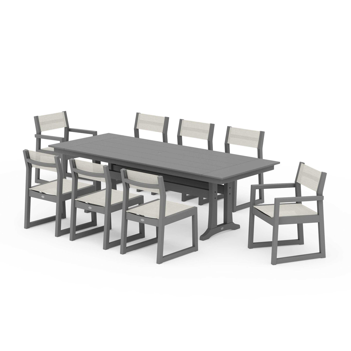 POLYWOOD EDGE Sling 9-Piece Farmhouse Trestle Dining Set — Slate Grey / Parchment Sling