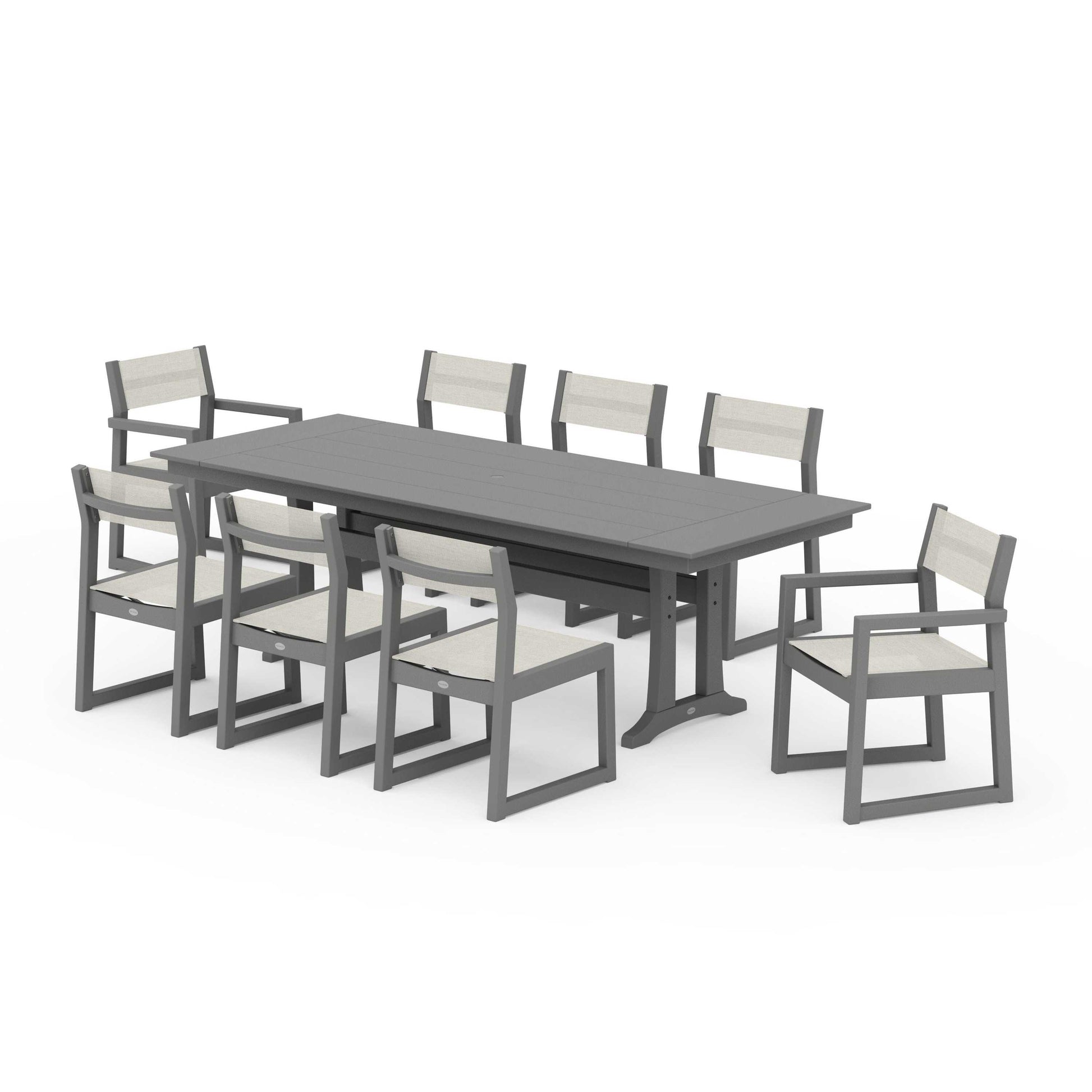 POLYWOOD EDGE Sling 9-Piece Farmhouse Trestle Dining Set — Slate Grey / Parchment Sling