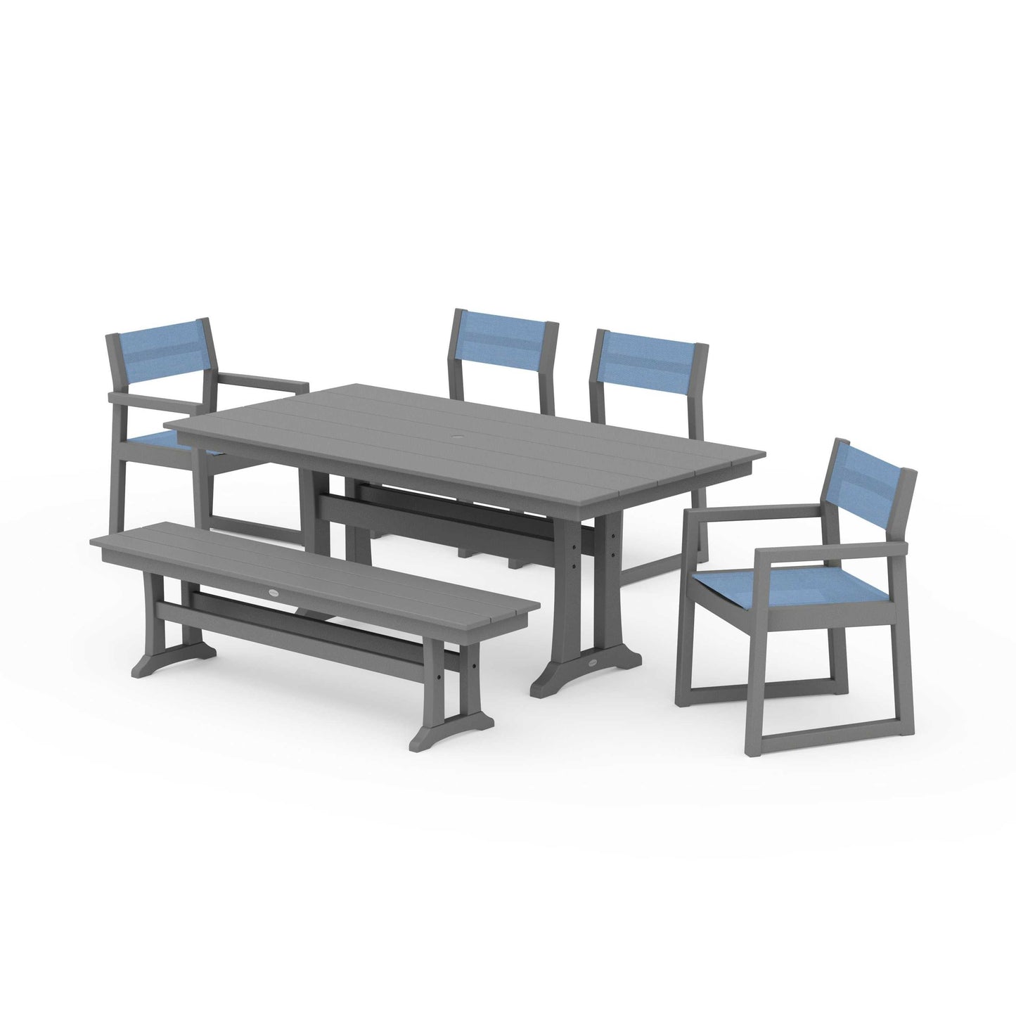 POLYWOOD EDGE Sling 6-Piece Farmhouse Dining Set With Trestle Legs — Slate Grey / Poolside Sling