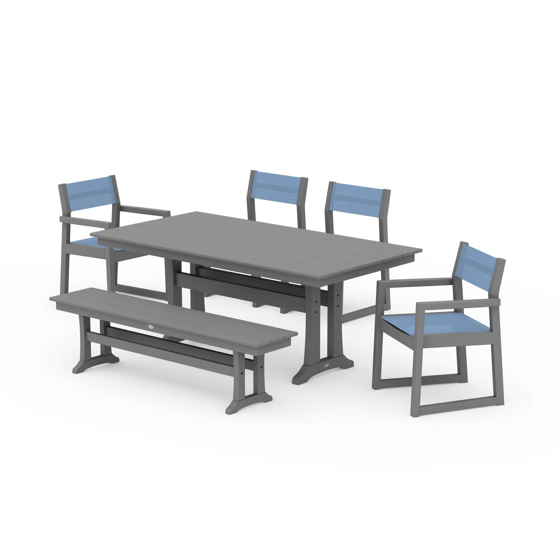 POLYWOOD EDGE Sling 6-Piece Farmhouse Dining Set With Trestle Legs — Slate Grey / Poolside Sling