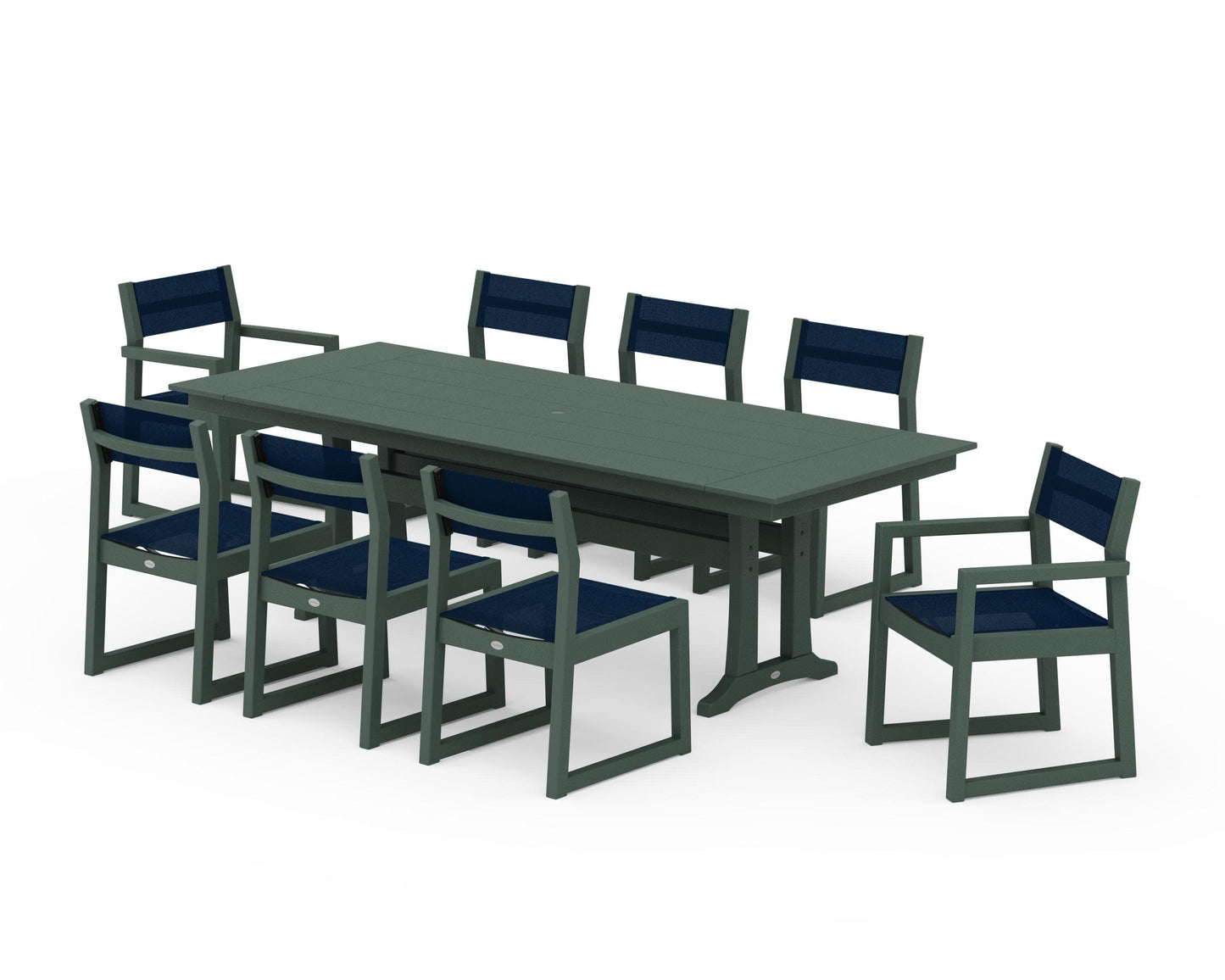 POLYWOOD EDGE Sling 9-Piece Farmhouse Trestle Dining Set — Green / Navy Blue Sling