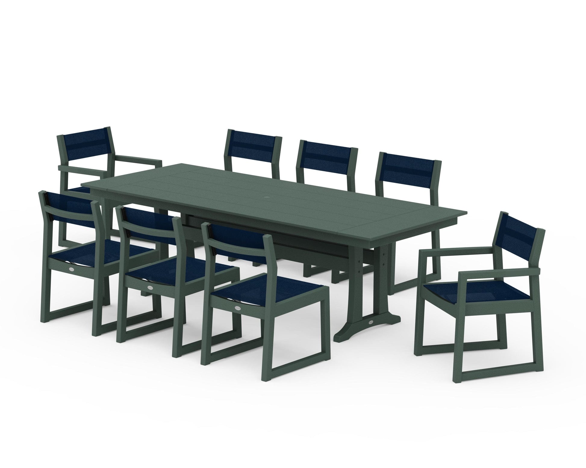 POLYWOOD EDGE Sling 9-Piece Farmhouse Trestle Dining Set — Green / Navy Blue Sling