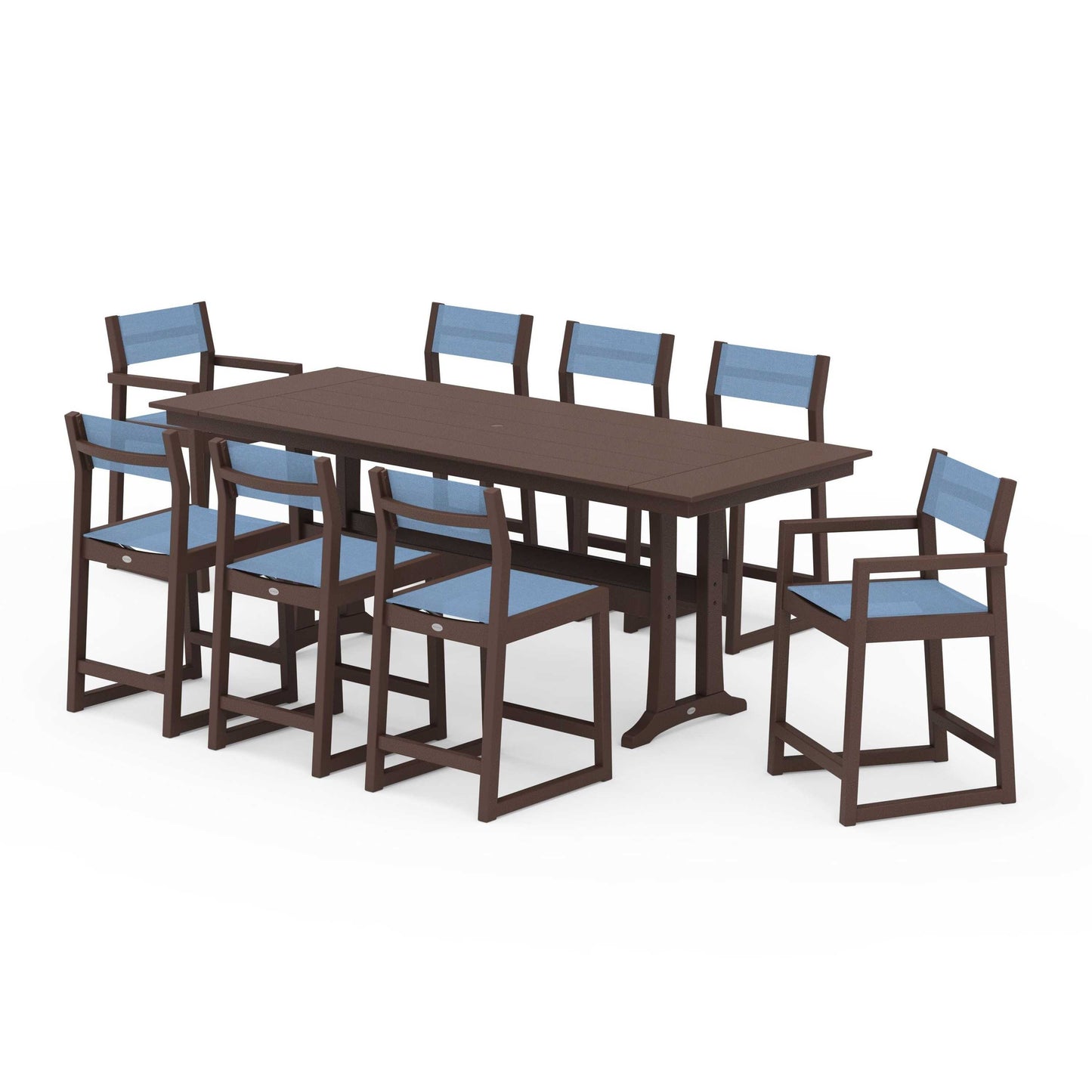POLYWOOD EDGE Sling 9-Piece Farmhouse Counter Set with Trestle Legs — Mahogany / Poolside Sling