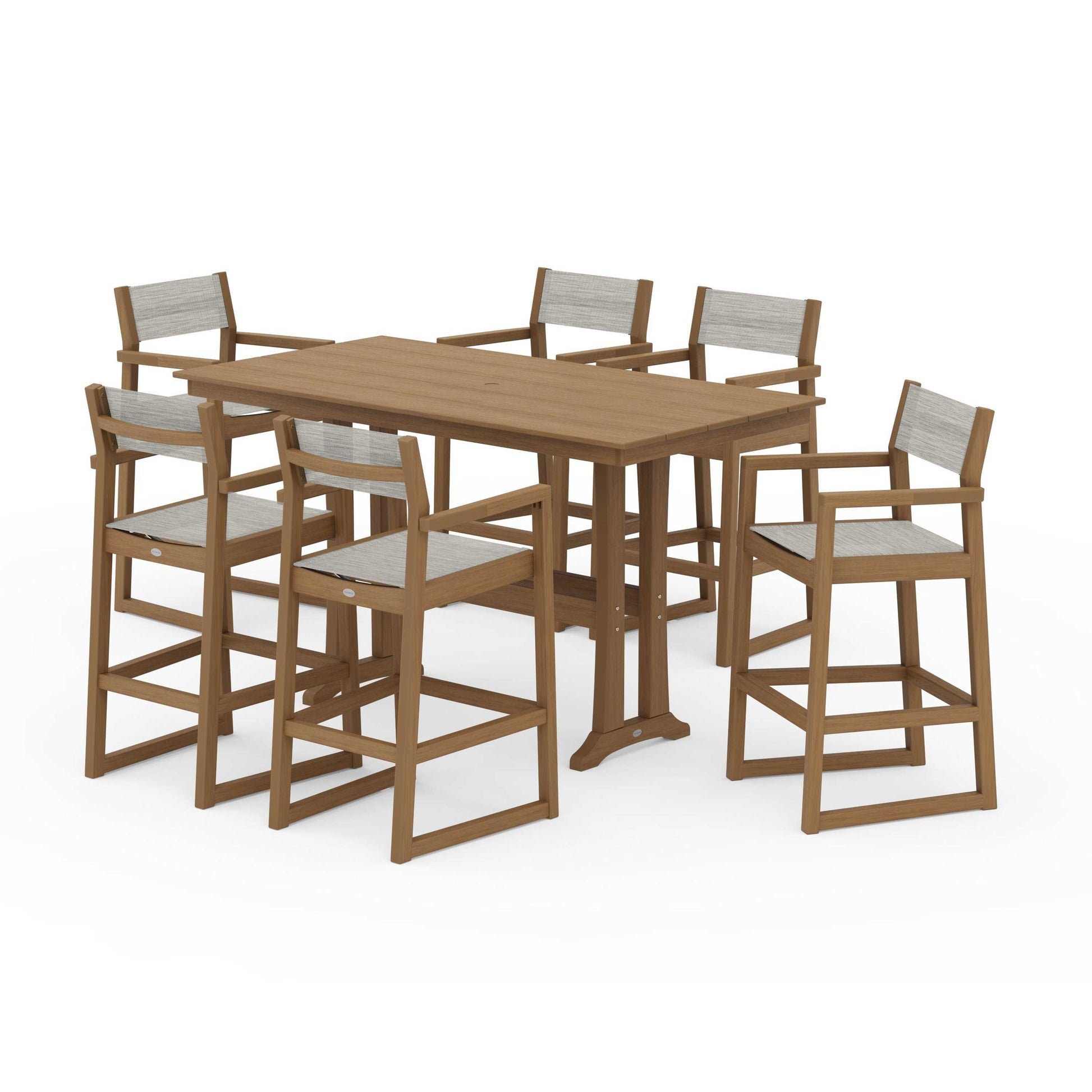 POLYWOOD EDGE Sling Arm Chair 7-Piece Farmhouse Bar Set with Trestle Legs — Natural / Birch Sling